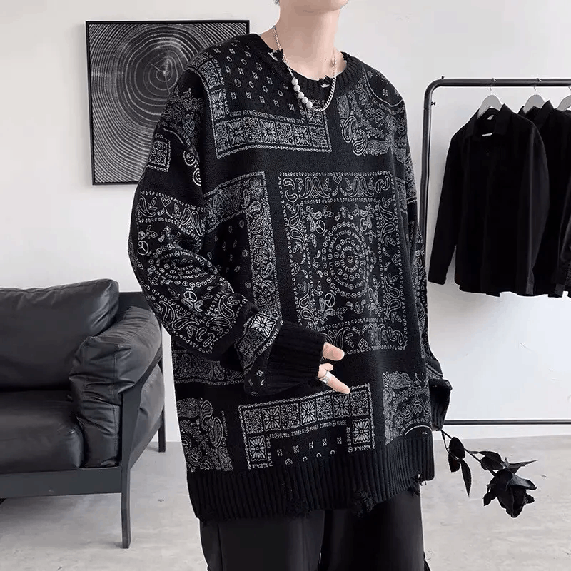 Japanese Brand × Vintage Black distressed paisley bandana sweater jumper knitwear Size US XL / EU 56 / 4 - 3 Thumbnail