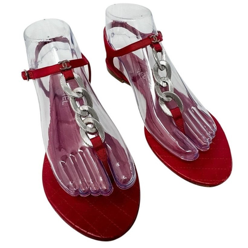 Chanel Chanel Red Silver Chain T Strap CC Logo Flat Sandals sz 37.5 Size US 7.5 / IT 37.5 - 5 Thumbnail