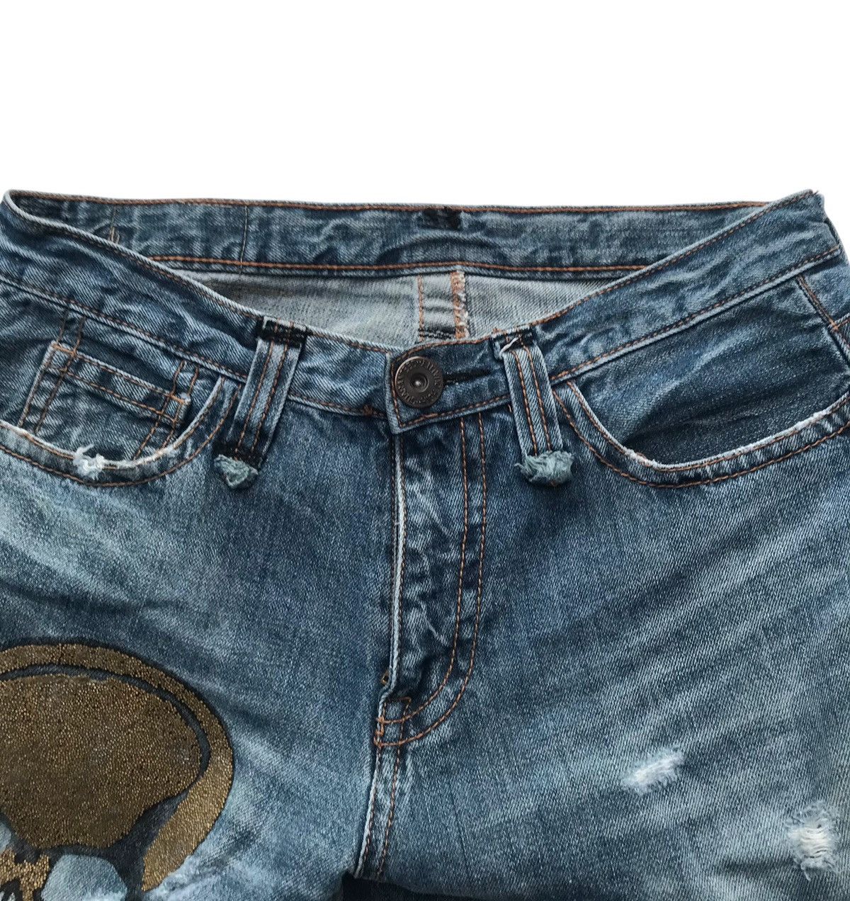 Japanese Brand Ripped Skull Motif Distressed Denim Pants Size US 32 / EU 48 - 2 Thumbnail
