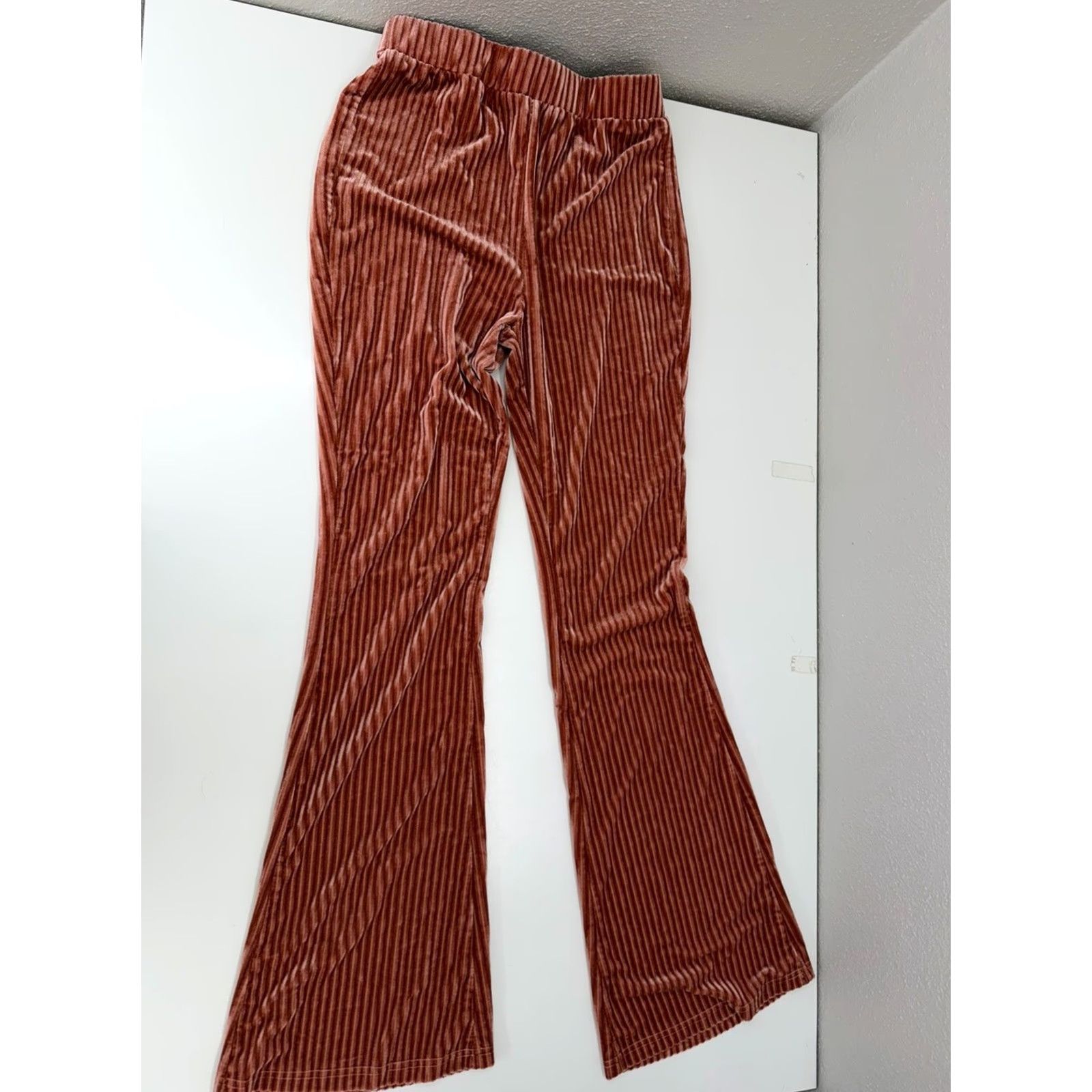 Shein SheIn Womens Pants Size Large Pink Ribbed Velour Wide-Leg Pants Size 36" / US 14 / IT 50 - 3 Thumbnail