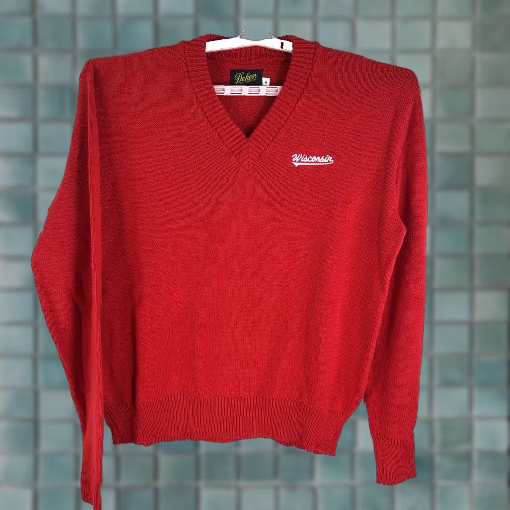 Vintage VINTAGE Dehem Wisconsin University Sweater Shirt Mens XL Red Cotton Crew Neck Knit Logo Pullover 56in Chest University Theme Mens Size US XL / EU 56 / 4 - 1 Thumbnail