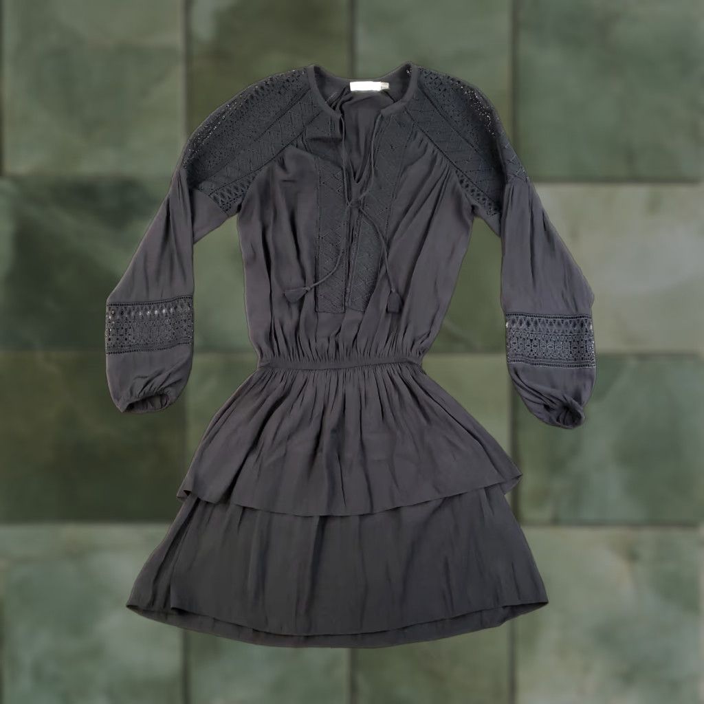 Ramy Brook Ramy Brook Dress Womens Small Black Boho Tiered Mini Long Sleeve Crochet Lace V-Neck Pullover Casual Party/Cocktail Womens S Black Bohemian Mini Dress Size S / US 4 / IT 40 - 1 Thumbnail