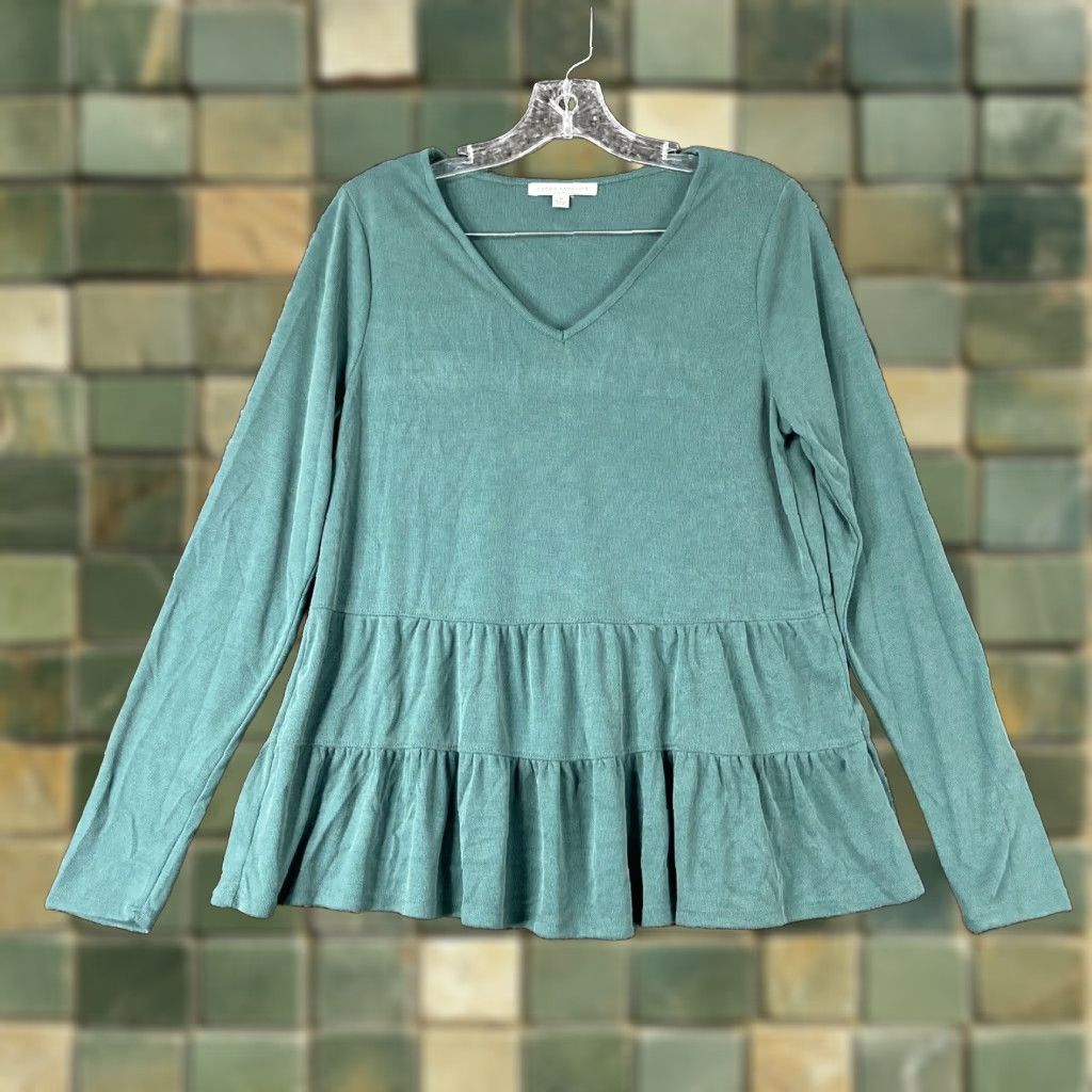 Vintage Green Envelope Blouse Women's Medium Green Long Sleeve Ruffle Top Womens Size M / US 6-8 / IT 42-44 - 1 Thumbnail