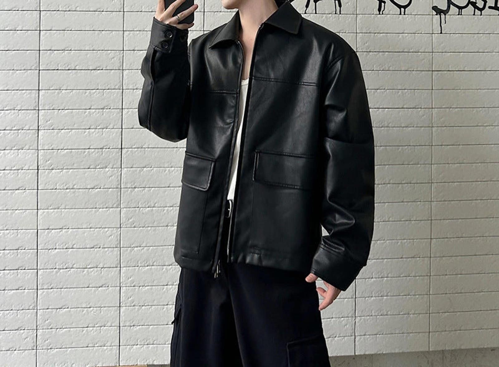 Leather Black Oversized Faux Leather Jackets, Men's Outerwear Size US M / EU 48-50 / 2 - 2 Thumbnail
