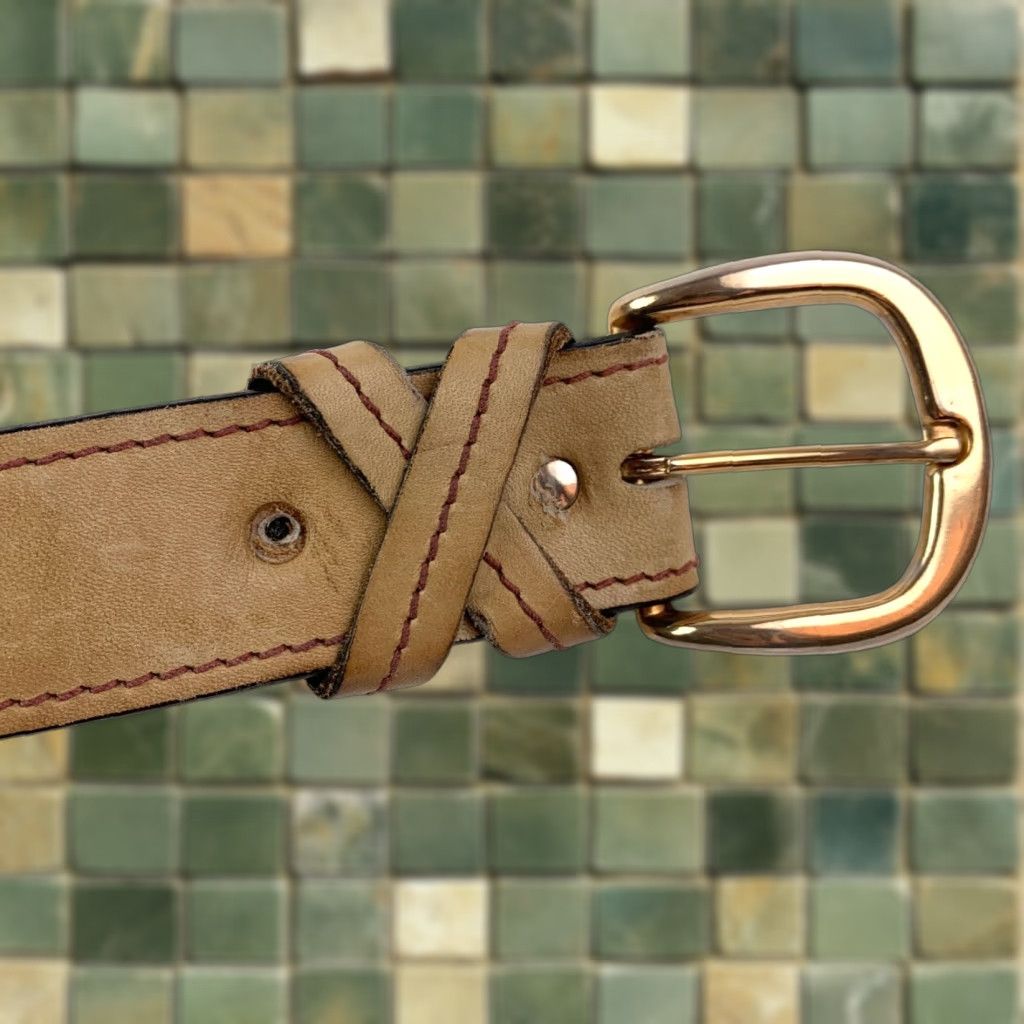 Vintage VINTAGE Potter's Dry Goods Men's Tan Leather Belt 1.5" Buckle Size 36 Cowhide Leather Belt Gold Buckle Mens Size 36 - 1 Thumbnail