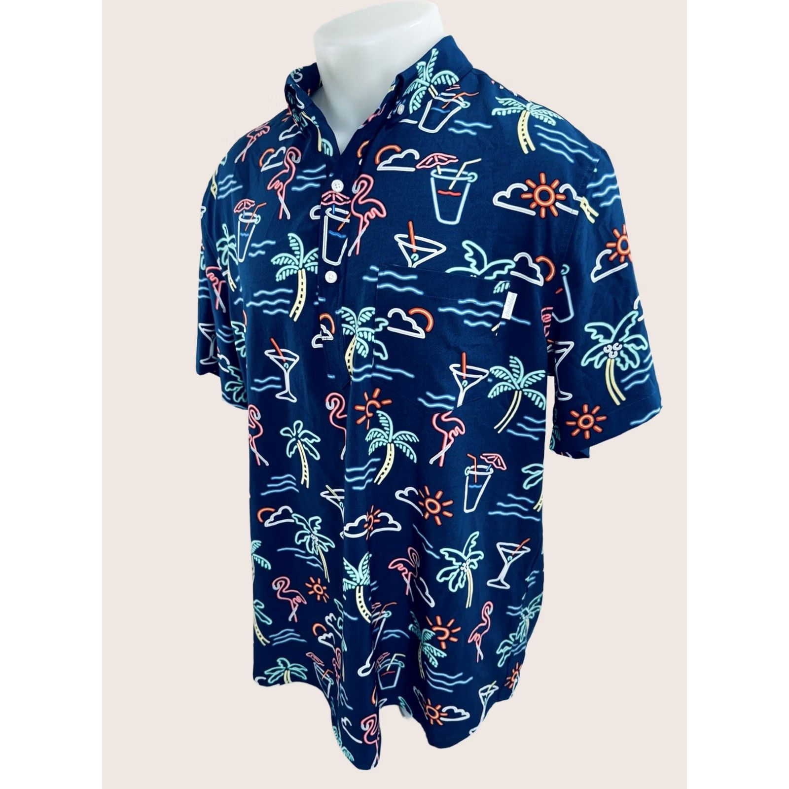 Chubbies Chubbies Shirt Mens 2XL Blue Hawaiian Flamingo Palm Neon Miami Aloha Button-Up Short Sleeve Size US XXL / EU 58 / 5 - 1 Thumbnail