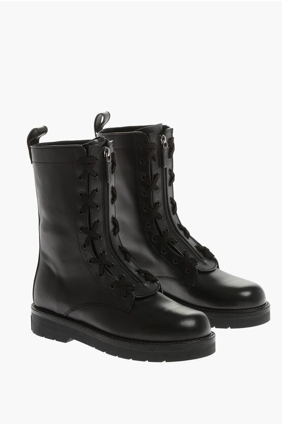 image of Valentino Zipped Leather Combat Boots With Lace Up Details in Black, Men's (Size 7)