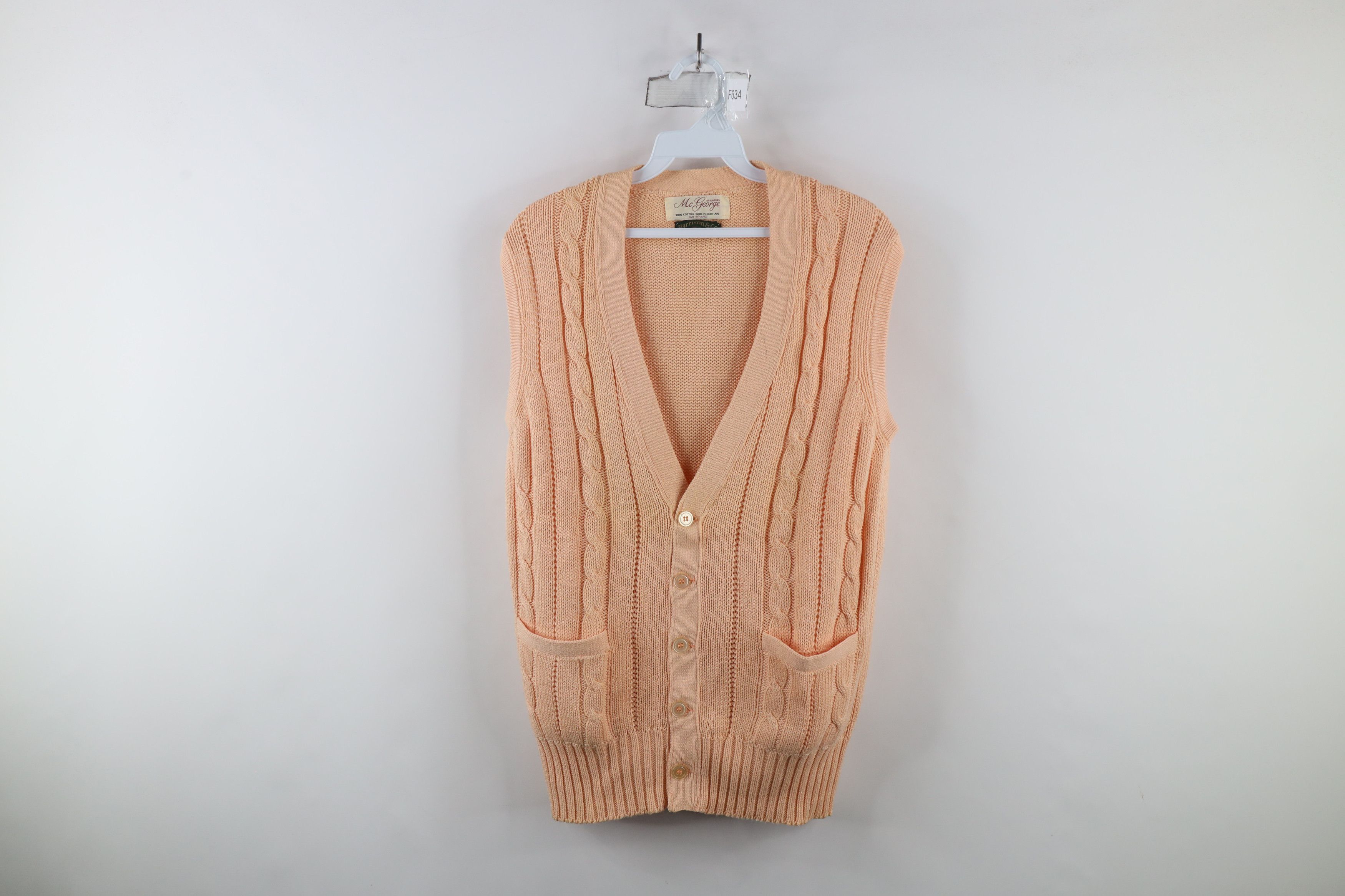 Vintage Vintage 70s Streetwear Cable Knit Cardigan Sweater Vest Pink Size US XL / EU 56 / 4 - 1 Thumbnail