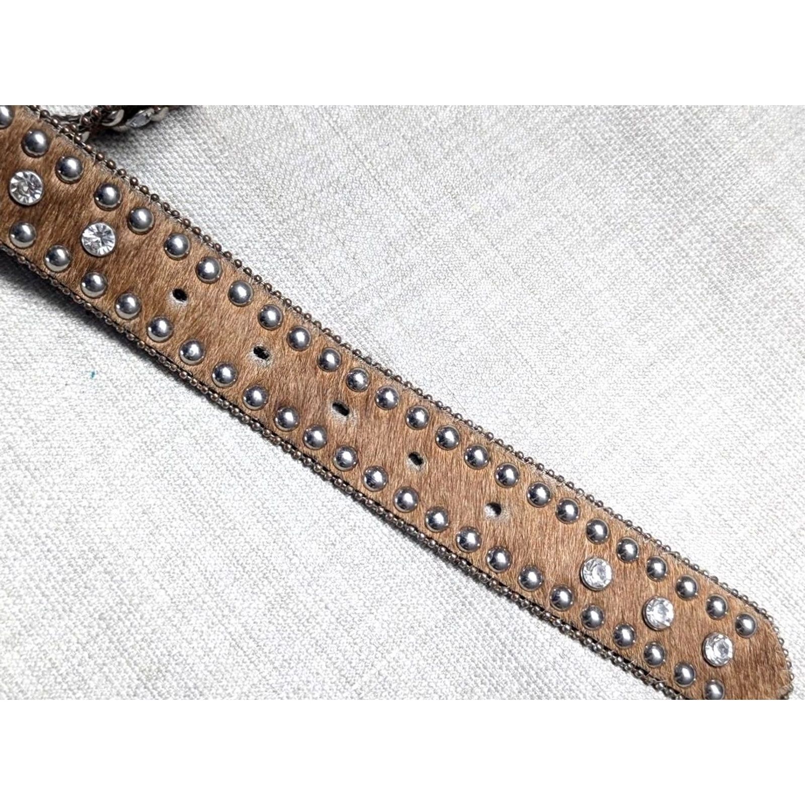Vintage VINTAGE Nocona belt Western Belt Mens 40 Brown Leather Studded Rhinestone Buckle 1-3/8" Hairy Face Western Theme Decade Y2K Size 40 - 7 Thumbnail