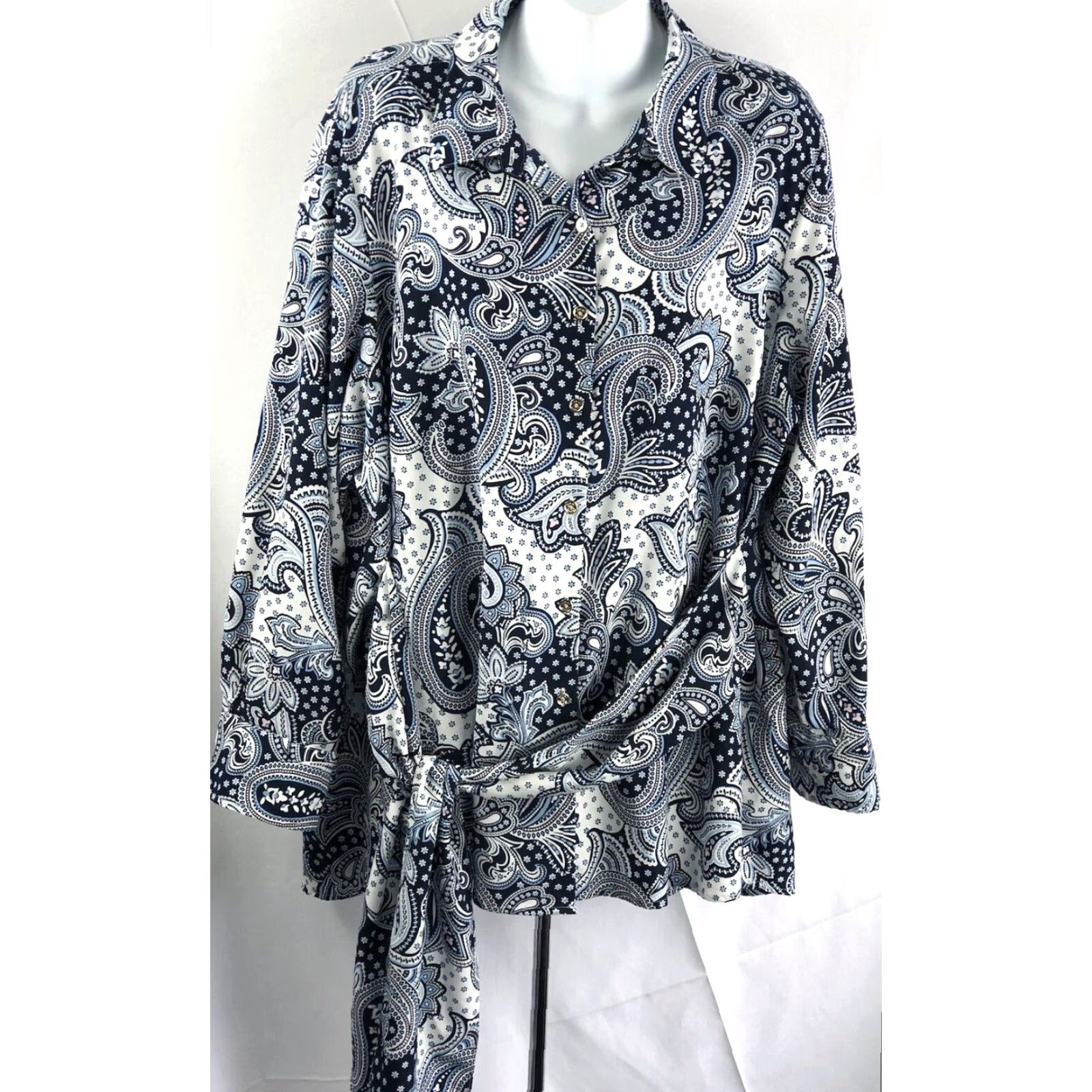 Tommy Hilfiger Tommy Hilfiger Top 1X Blue/Wht Paisley Sash Tie long Sleeves Button Boho Hippie Size XL / US 12-14 / IT 48-50 - 2 Thumbnail