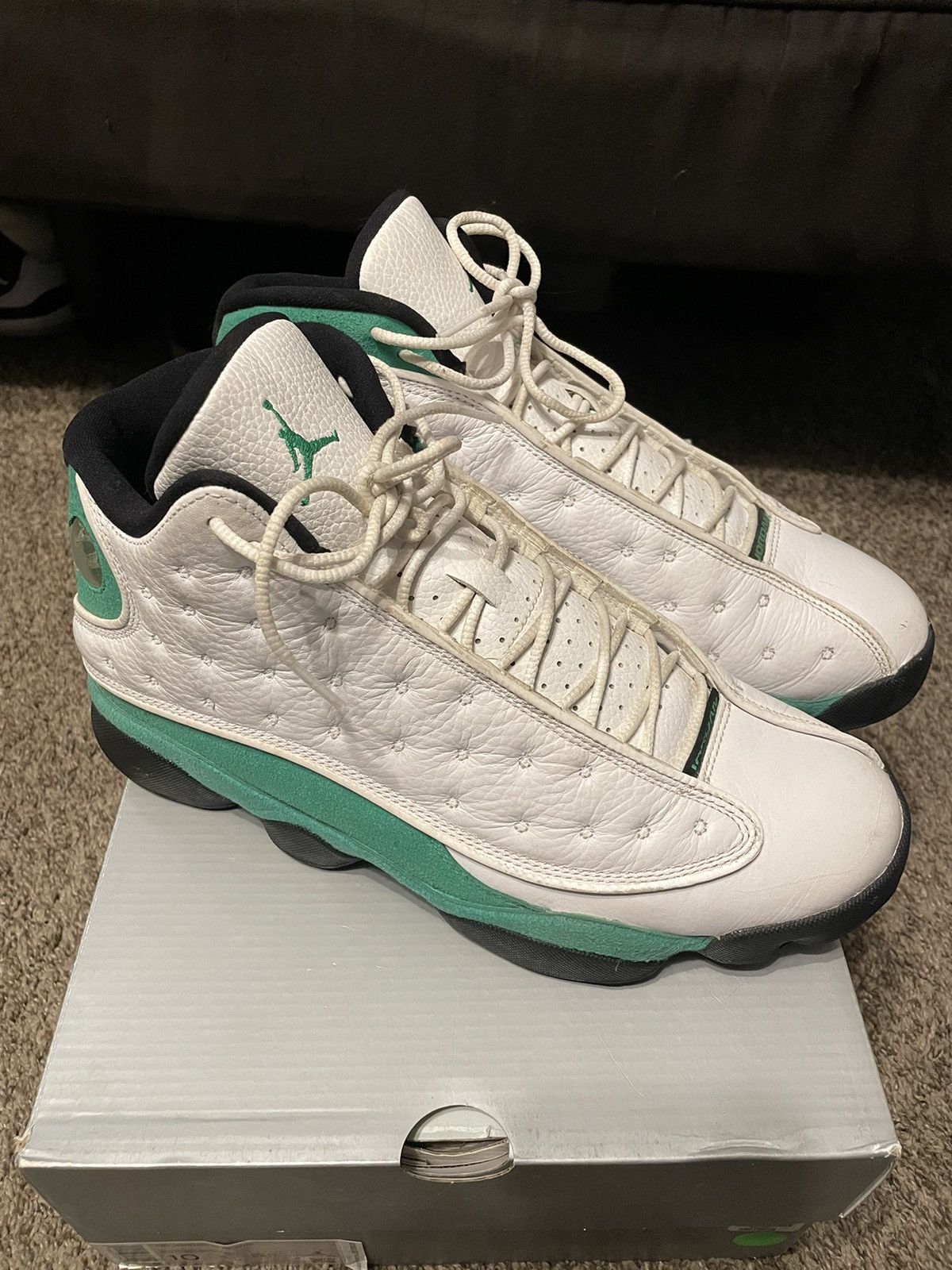 image of Jordan Brand 13 “Lucky Green” Shoes in White, Men's (Size 10)