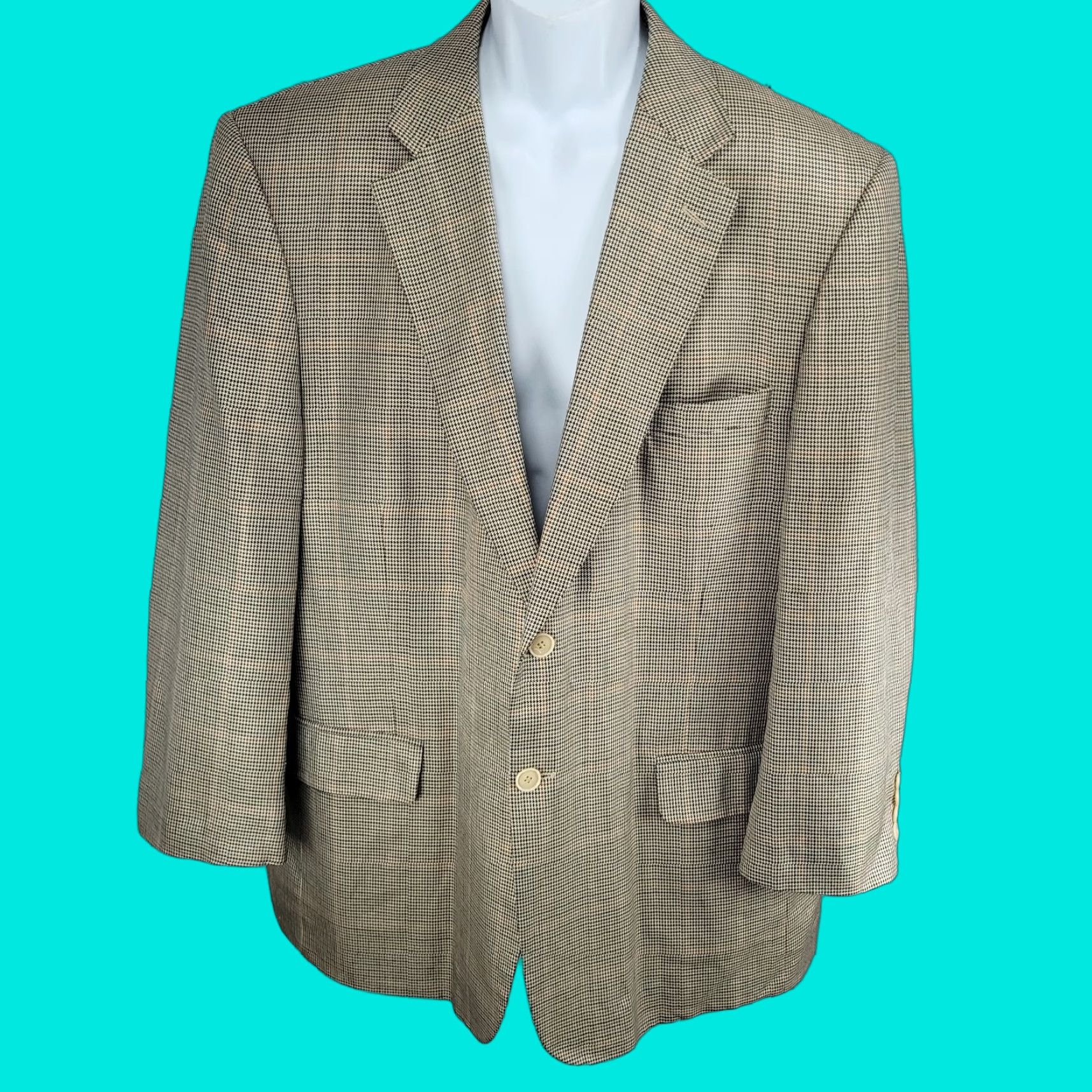 Vintage VINTAGE Haspel Cream Black Silk Wool Houndstooth Sport Coat Blazer Size 46R Mens Size 46R - 1 Thumbnail