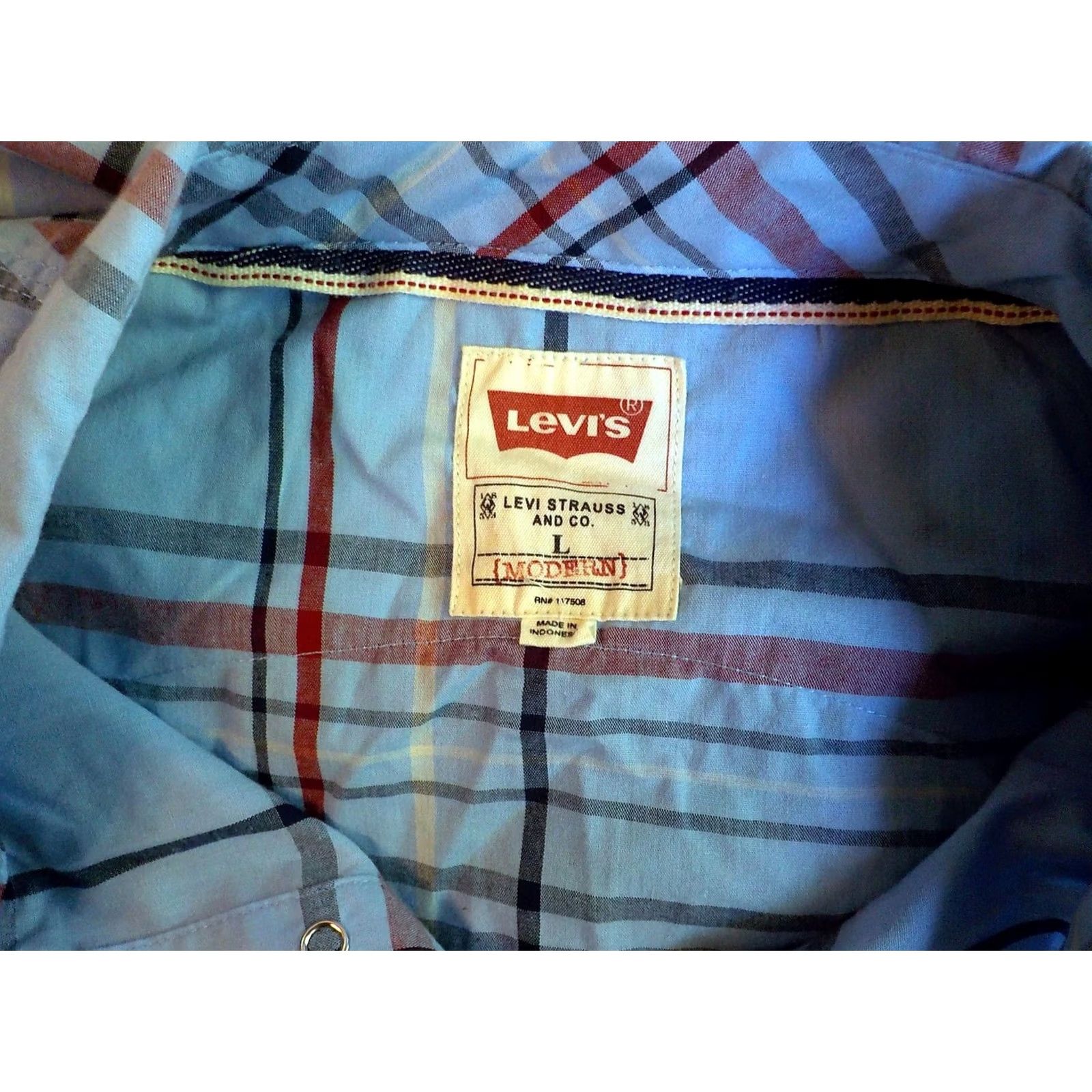 Levi's LEVI'S Western Cut Pearl Snap Plaid Shirt-Light Blue Cotton Blend LG Mens Shirt Modern Size US L / EU 52-54 / 3 - 5 Thumbnail