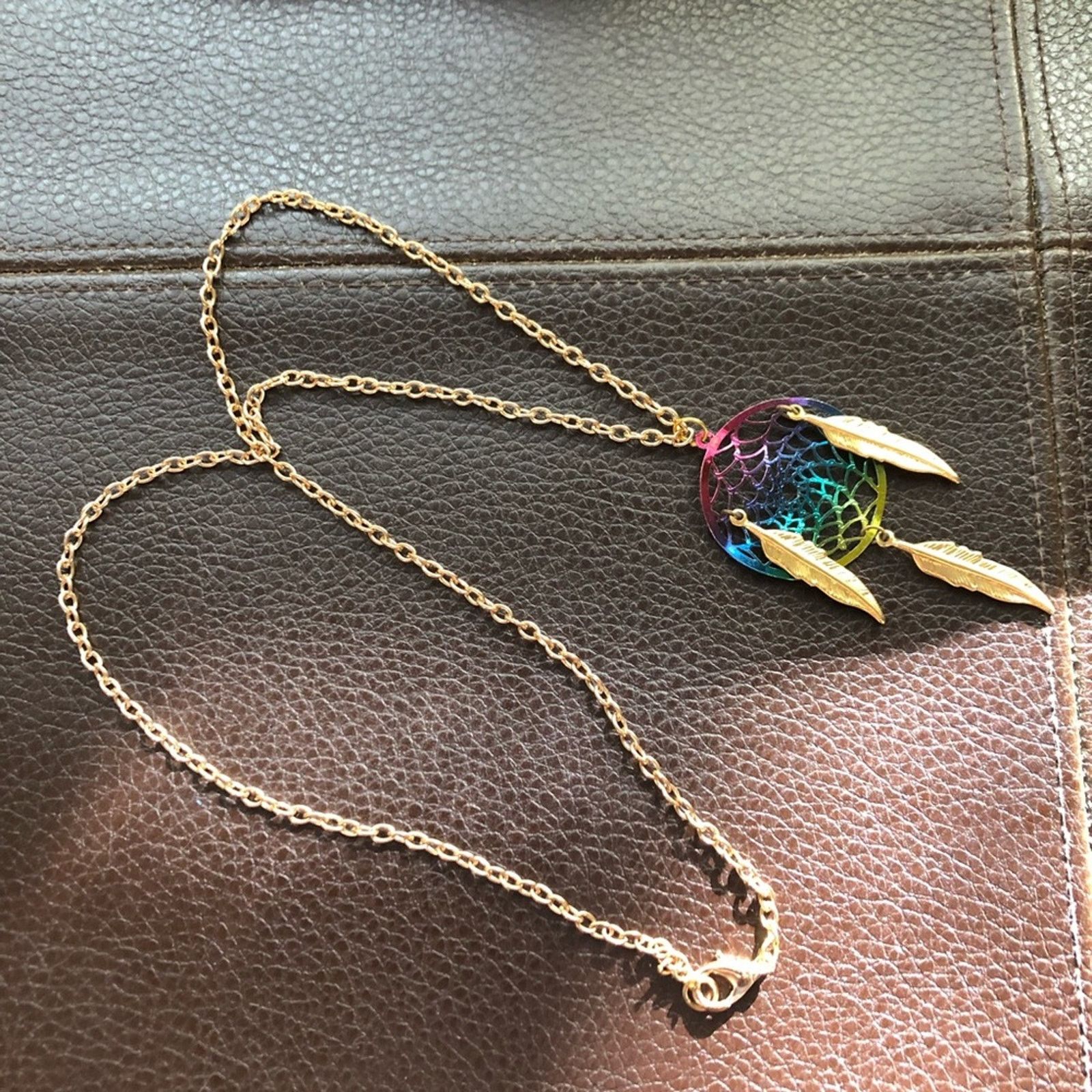Jewelry Rainbow metal dream catcher gold feather pendant necklace Size ONE SIZE - 7 Thumbnail
