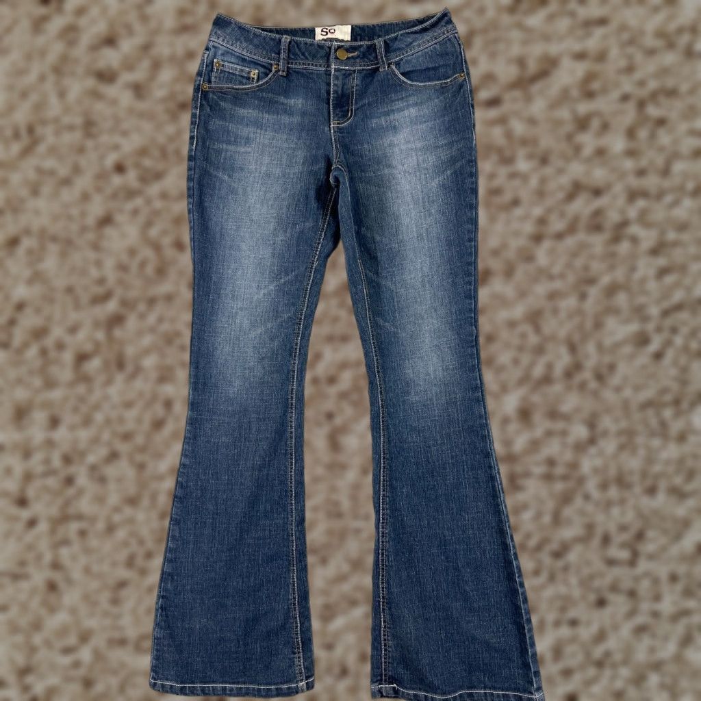 Denime SO Brand Women's Flared Jeans Size 7 Blue Cotton Medium Wash Low Rise Fashion Size 28" / US 6 / IT 42 - 1 Thumbnail