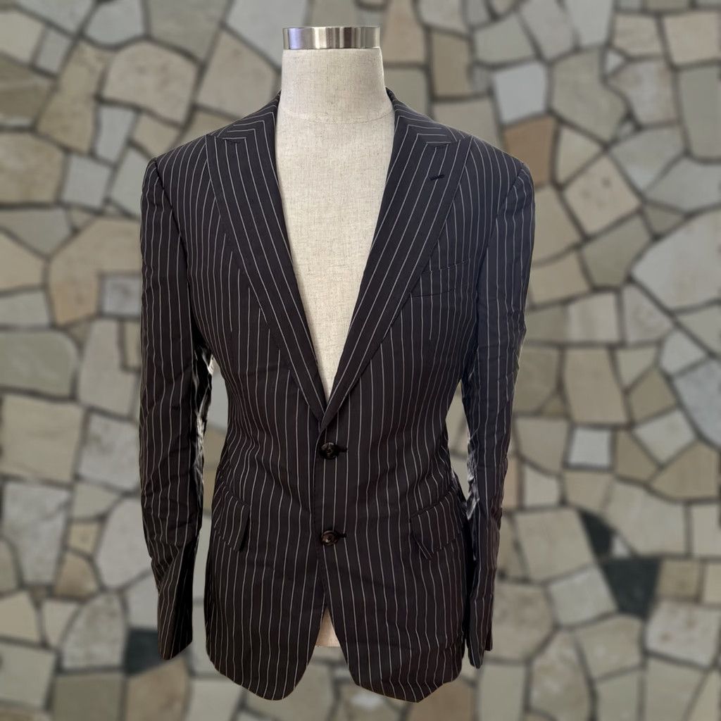 Vintage MUSIKA FRERE Grey Wool Mens Blazer Tuxedo Jacket 40 Regular Striped Short Single-Breasted Two-Button Size 40R - 1 Thumbnail