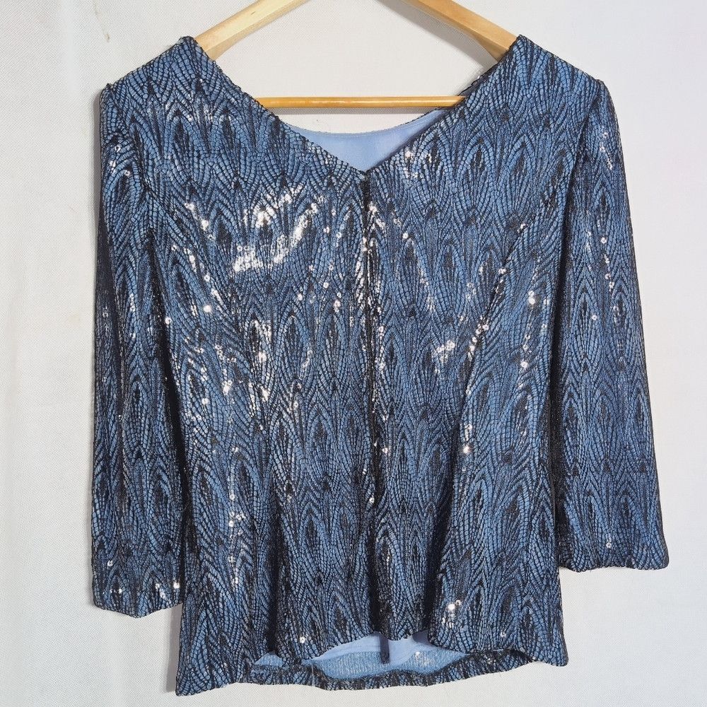 Alex Evenings Alex Evenings Metallic Blue Blouse M Lace Over Sequins Size M / US 6-8 / IT 42-44 - 4 Thumbnail