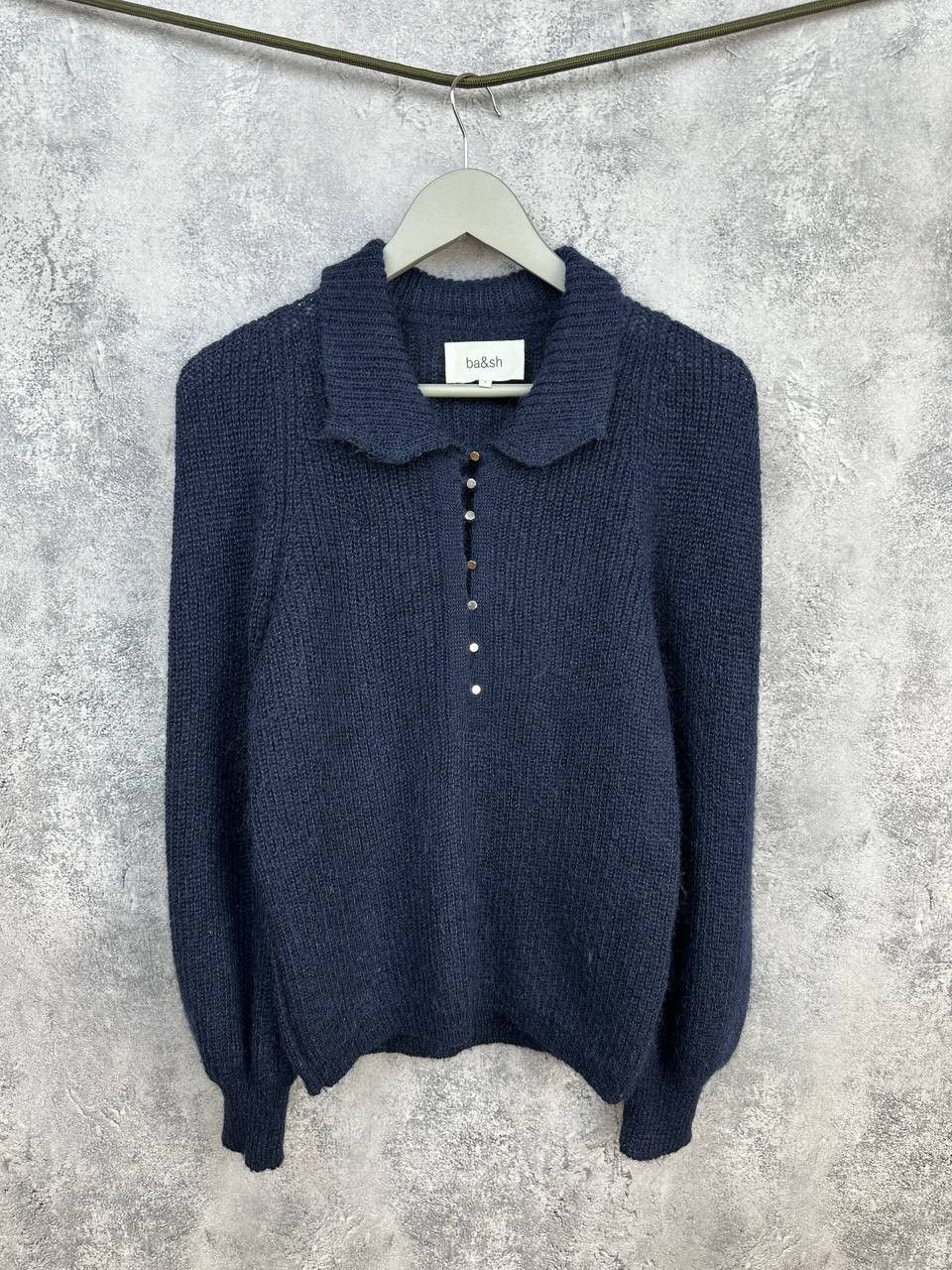 ba&sh Ba&Sh Puffed Sleeve Knit Polo Mohair/Wool Sweater Navy Size S / US 4 / IT 40 - 2 Thumbnail