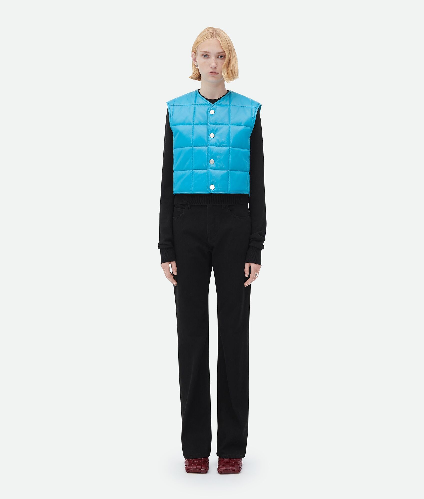 Bottega Veneta o1loc1c0824 686421 Shiny Leather Padded Gilet in Blue Size M / US 6-8 / IT 42-44 - 1 Thumbnail