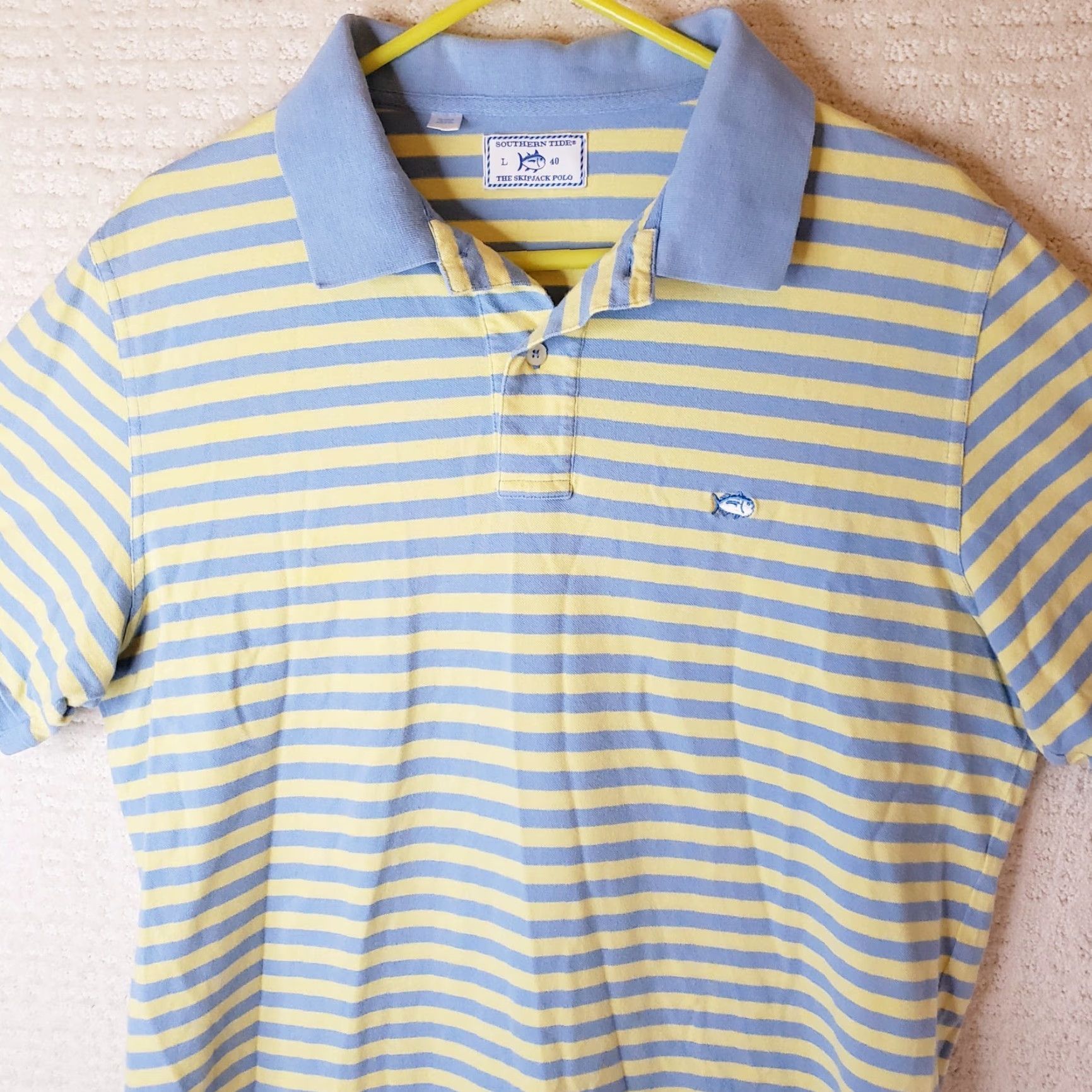 Southern Tide VINTAGE Southern Tide SkipJack Polo Shirt L Mens Striped Blue Yellow Polyester Cotton Blend Short Sleeve Polo Shirt with Fat Tuna Accents Size US L / EU 52-54 / 3 - 2 Thumbnail