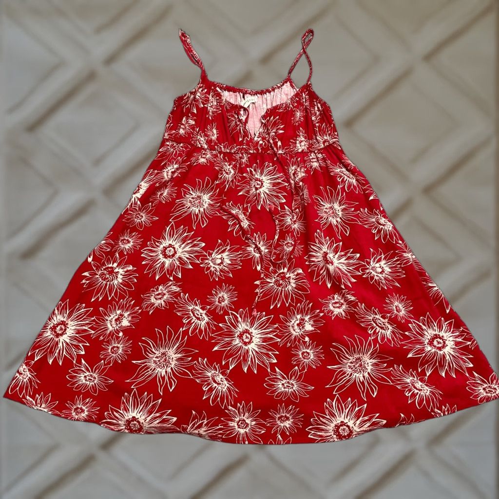 Vintage VINTAGE Rewind Women's Linen Rayon A-Line Sun Dress Midi Floral Spaghetti Strap Boho Casual Summer Red Girls Size L / US 10 / IT 46 - 1 Thumbnail