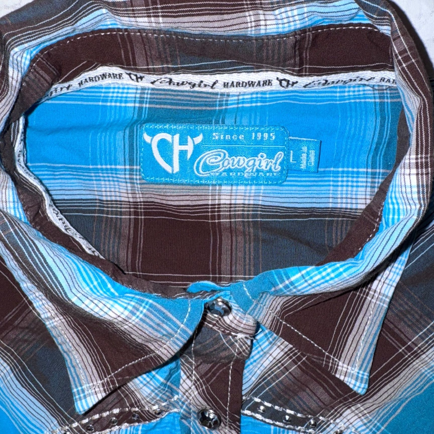 Vintage Cowgirl Hardware Shirt - L Blue & Brown Plaid Western Bling Snap Button-Up Womens Regular Long Sleeve Cotton Knit Classic Western Blouse Size L / US 10 / IT 46 - 2 Thumbnail