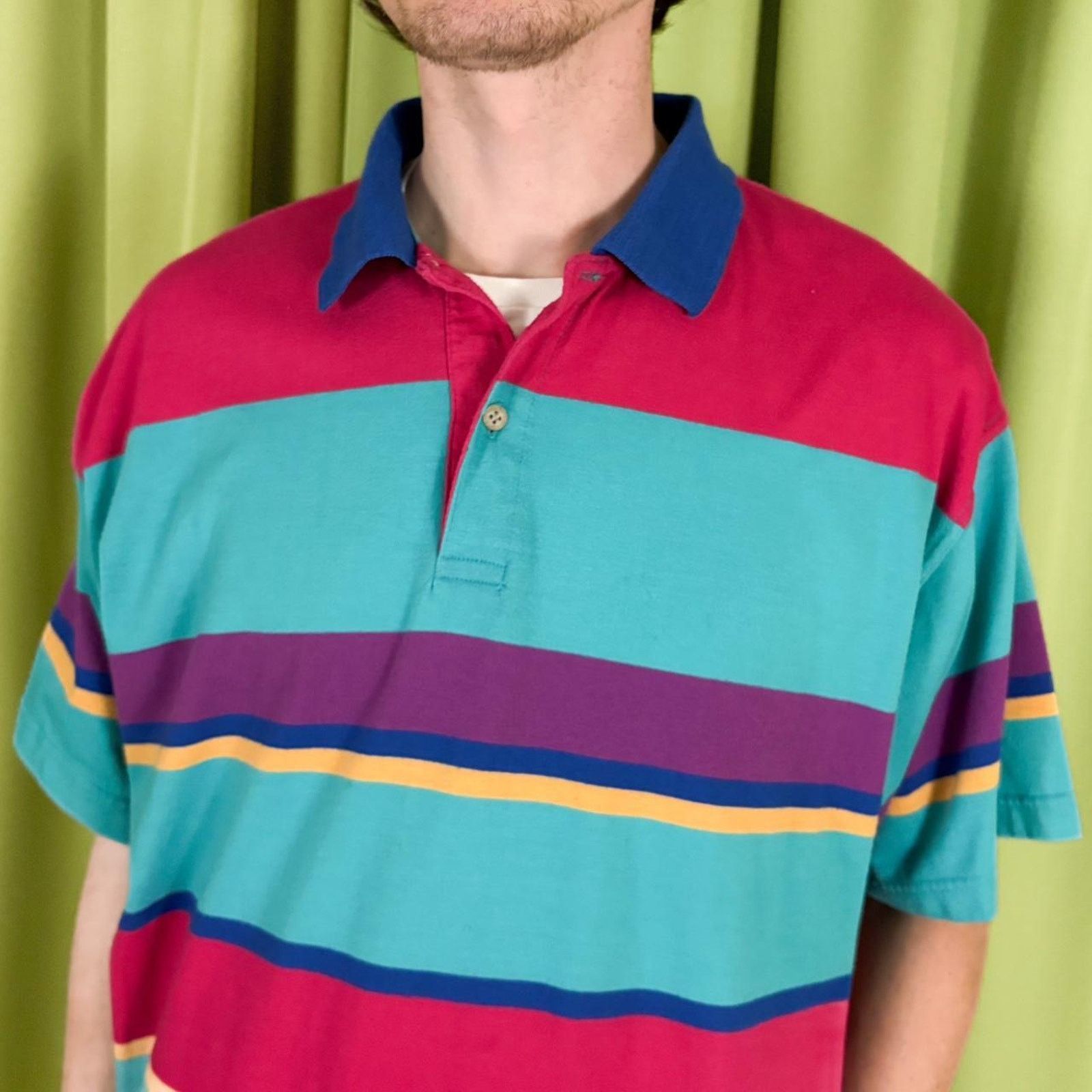 Steeplechase 80s Vintage Multi-Coloured Striped Polo Shirt Size US XL / EU 56 / 4 - 2 Thumbnail