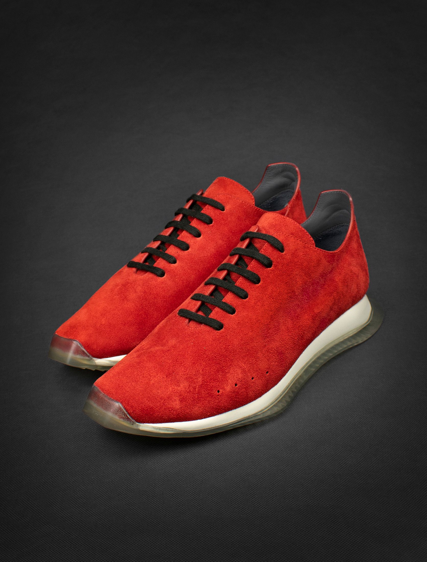 image of Rick Owens New. Minimal Leather Runner Sneakers in Cardinal Red/Clear Sole, Men's (Size 9)