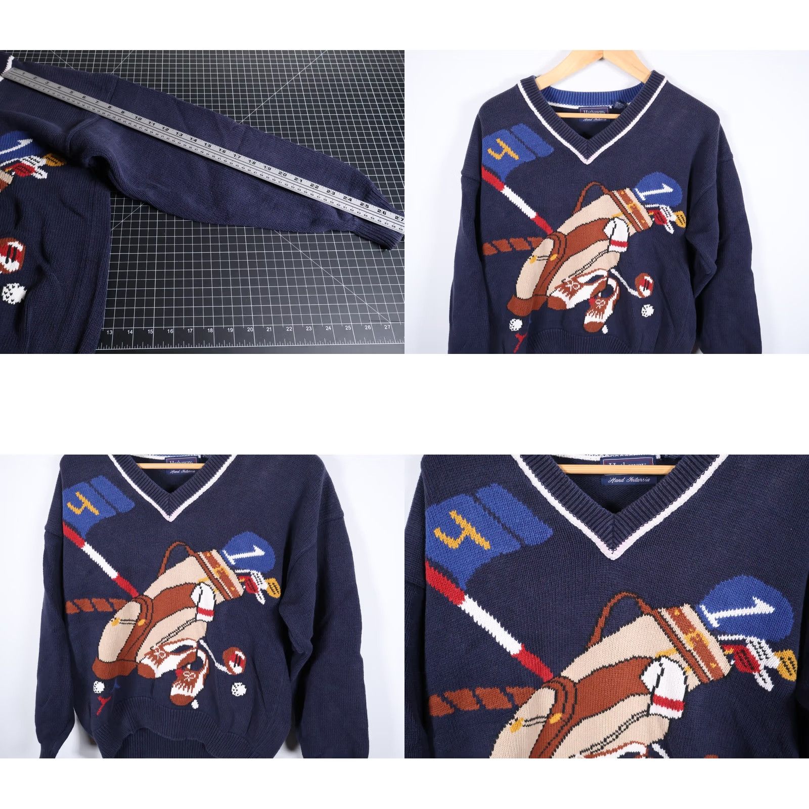 Vintage VINTAGE Hathaway Golf Sweater Mens Large Dark Blue Intarsia Pattern V-Neck 90s Golf Theme Pullover Regular Knit Cotton Heavyweight Size US L / EU 52-54 / 3 - 8 Thumbnail