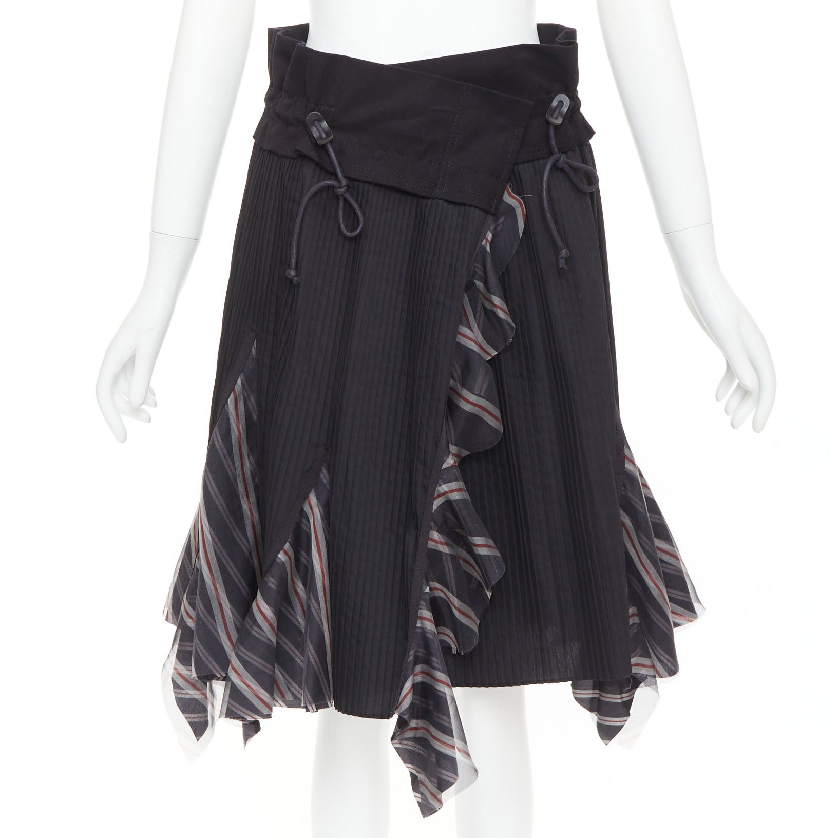 Sacai SACAI 2017 black plisse cowhide trim striped flare wrap knee skirt JP1 S Size 28" / US 6 / IT 42 - 1 Thumbnail