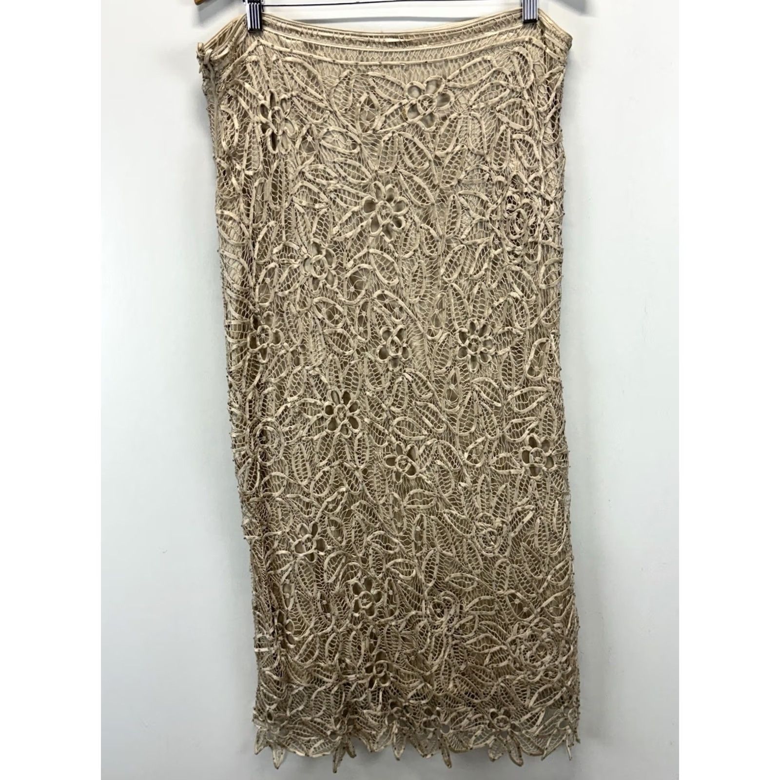 Vintage Vtg 90s Silk Crochet Maxi Skirt XL Beaded Fairy Grunge Festival Beige Whimsigoth Size 40" / US 18 - 3 Thumbnail