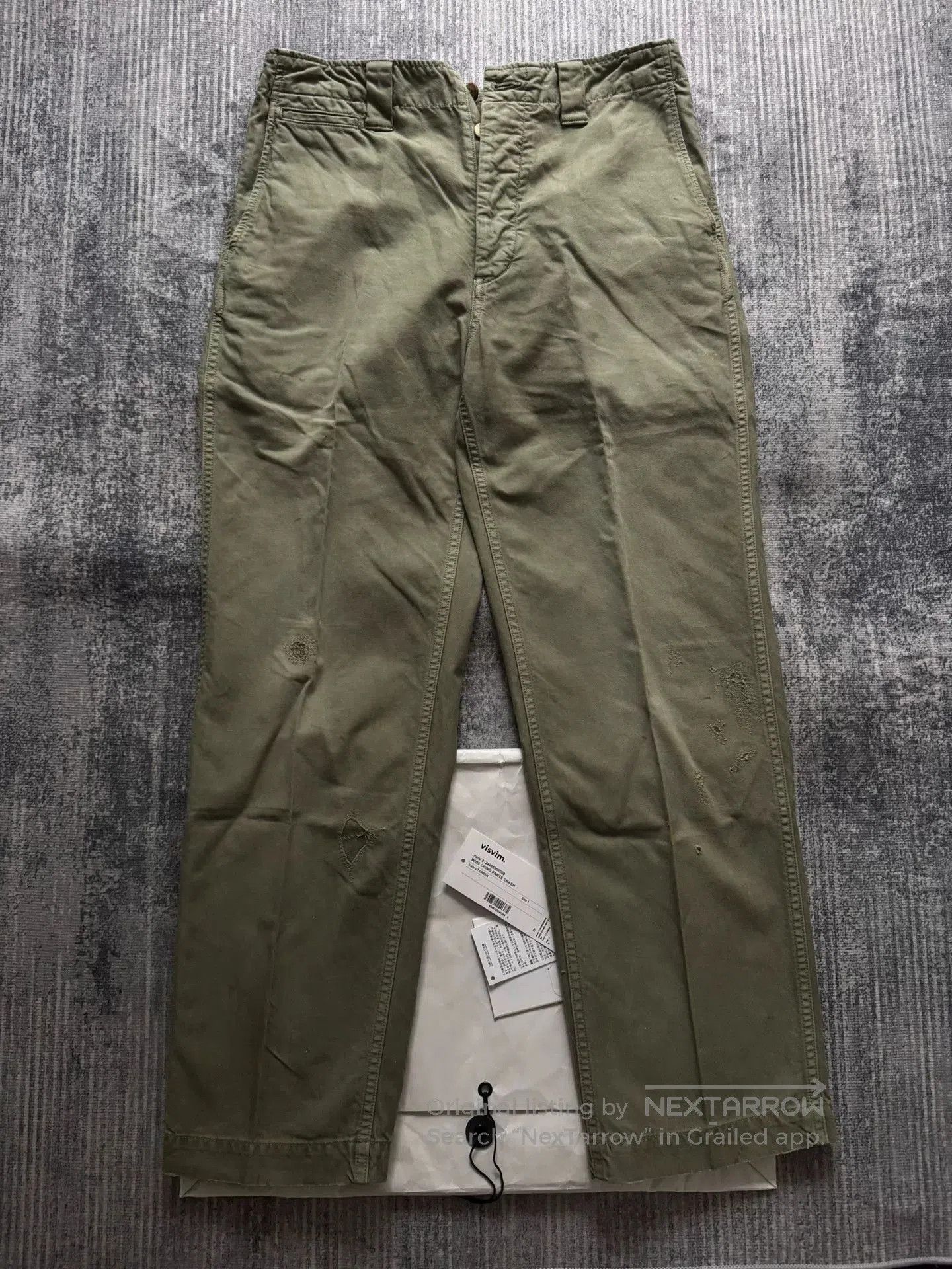 visvim wide chino pants in green.