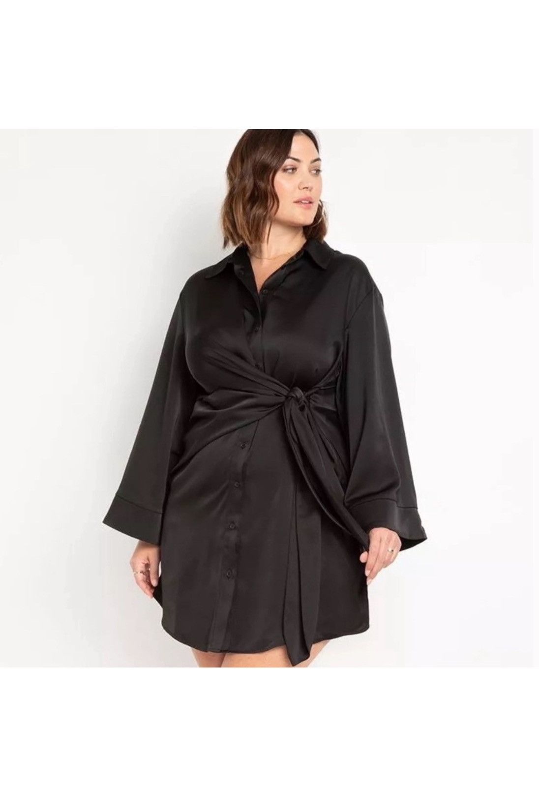 Other Eloquii Dress Women Black Satin Tie Waist Shirtdress Size 14 Size XXL / US 16-18 / IT 52-54 - 1 Thumbnail