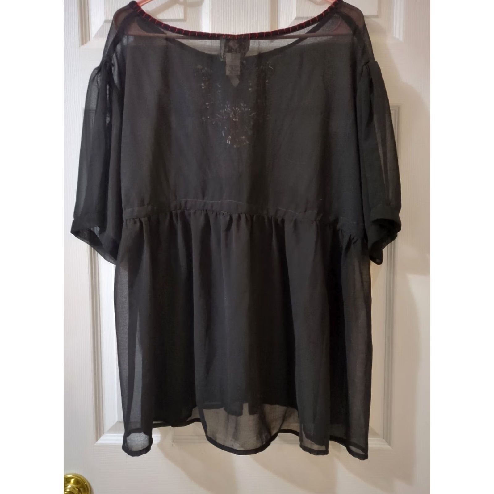Vintage La Femme Blouse Shirt Womens 2XL Black Short Sleeve Round Neck Lace Chiffon Boho Classic Formal/Casual Shirt Size XXL / US 16-18 / IT 52-54 - 3 Thumbnail