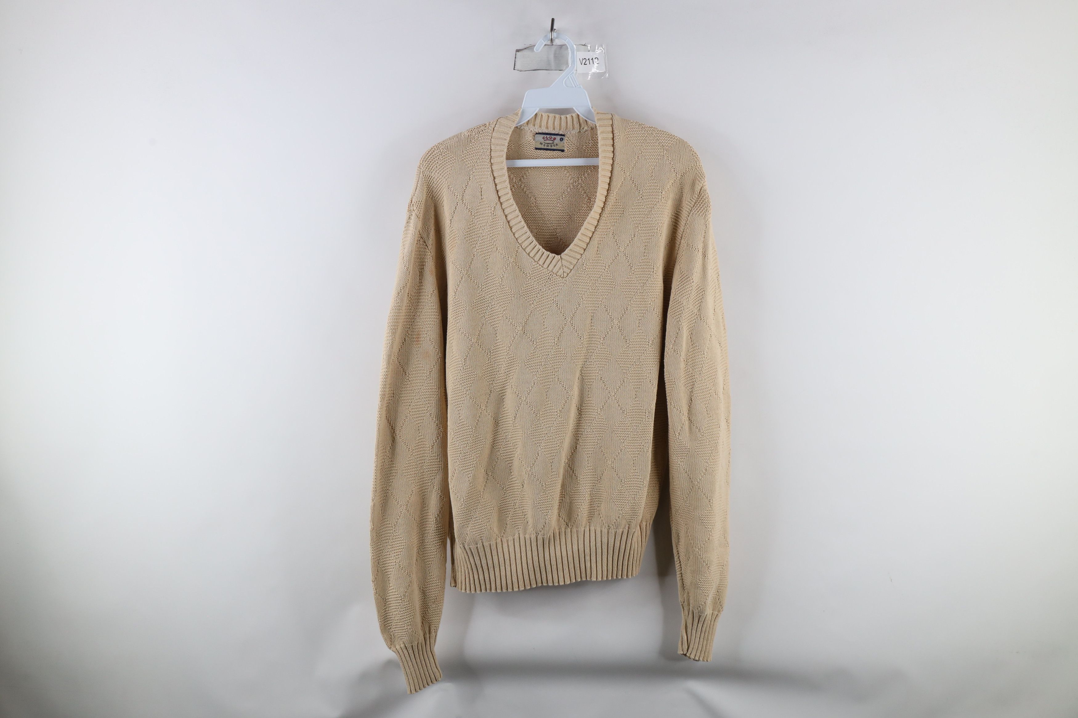 Vintage Vintage 90s Streetwear Diamond Knit V-Neck Sweater Beige Size L / US 10 / IT 46 - 1 Thumbnail
