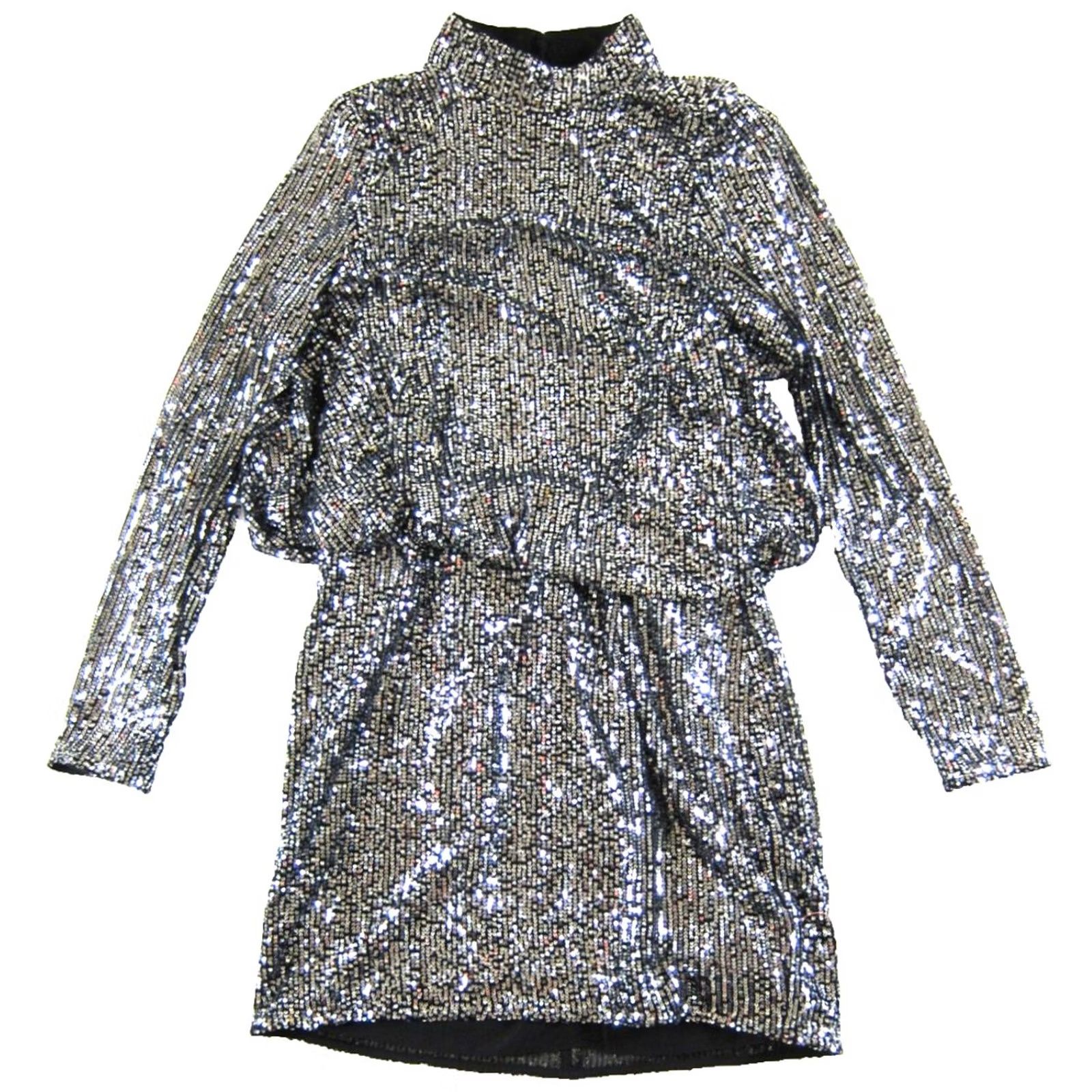 Asos ASOS Design Dress 10 NWT Silver Metallic Sequin High Neck Long Sleeve Open Back Size L / US 10 / IT 46 - 2 Thumbnail