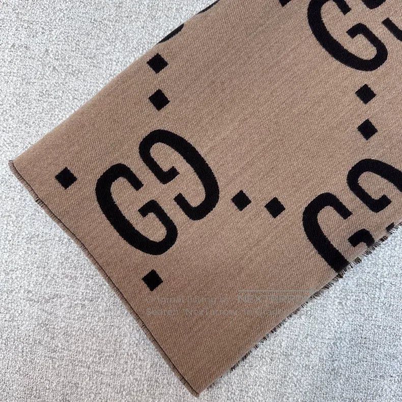 Gucci Gucci Double G jacquard caramel khaki double-sided wool sc Size ONE SIZE - 6 Thumbnail