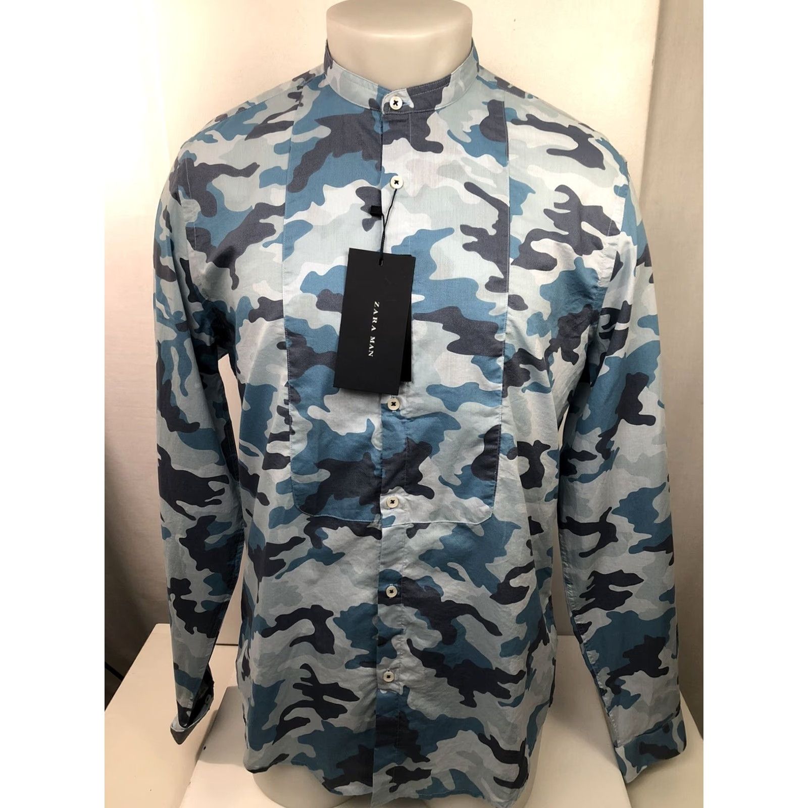 Zara ZARA MAN Camouflage Slim Shirt Collarless Blue S Short Sleeve? Size US S / EU 44-46 / 1 - 3 Thumbnail