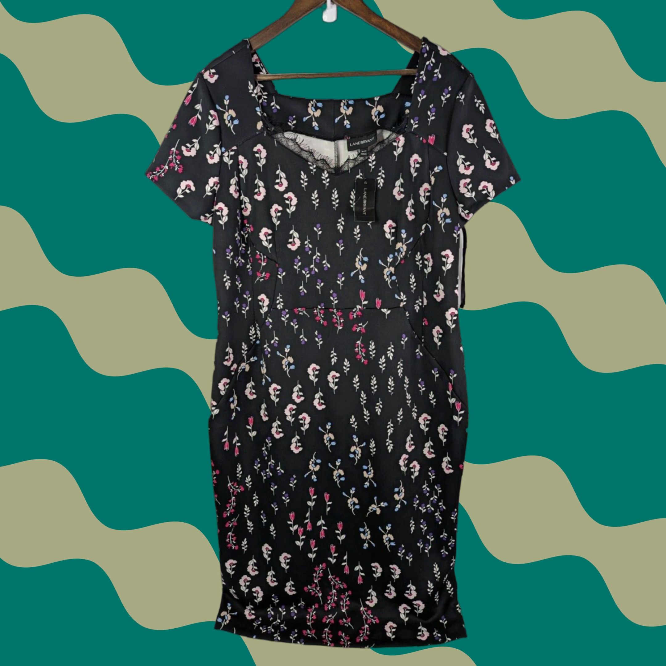 Vintage NWT Lane Bryant Black Floral Dress Short Sleeve V-Neck Slimming Size 18/20 Women Plus Midi Dress Size 40" / US 18 - 1 Thumbnail