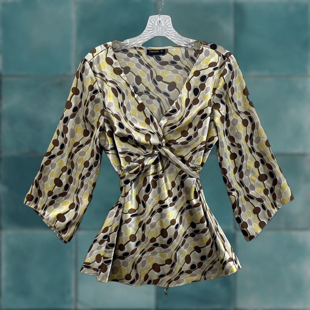Vintage Y2K Vintage Top Blouse Medium Yellow Satin Pattern Fairy Grunge Corpcore Office Shirt Mens Women? Size M / US 6-8 / IT 42-44 - 1 Thumbnail
