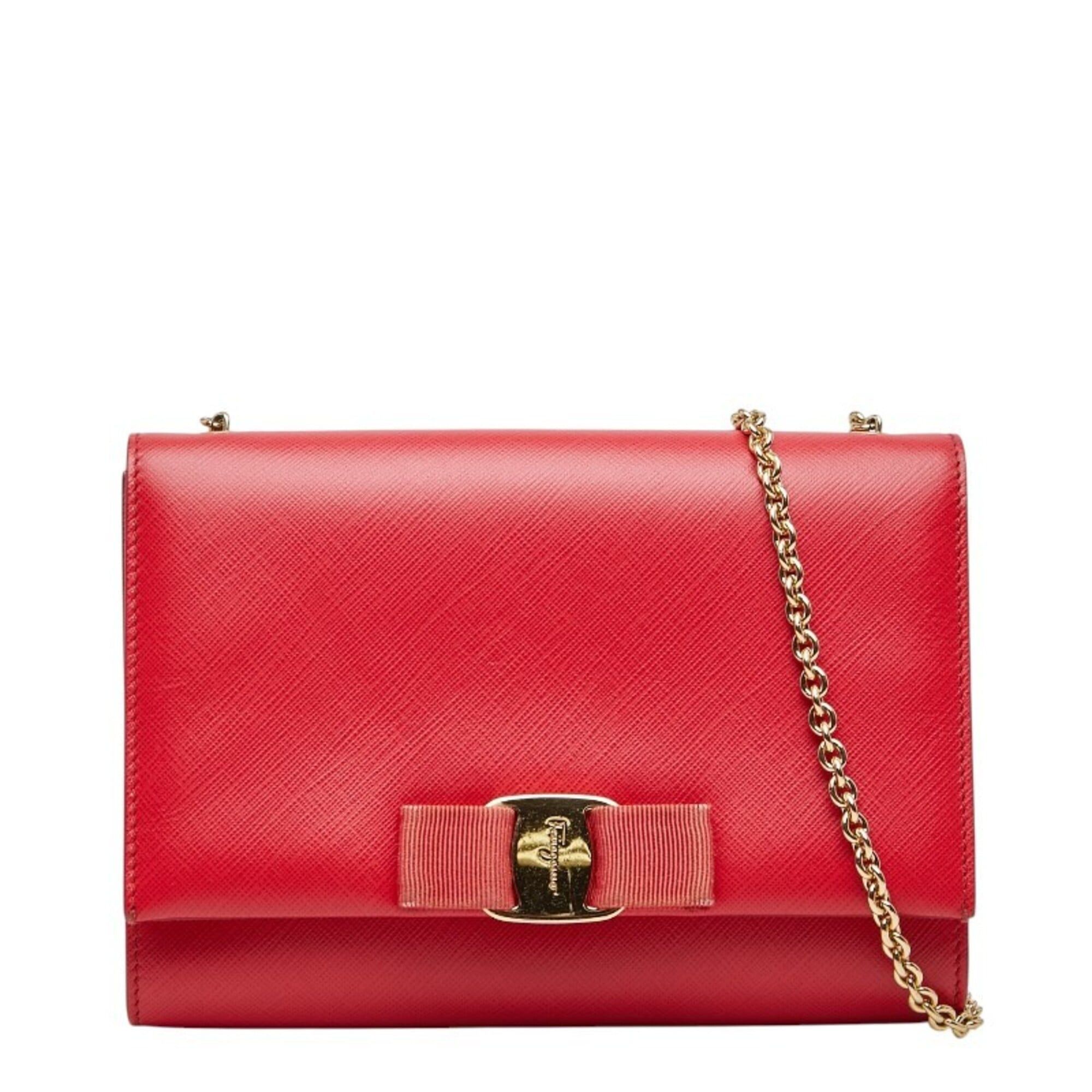 Salvatore Ferragamo Salvatore Ferragamo Vara Ribbon Chain Shoulder Bag AU21 B558 Red Leather Women's Size ONE SIZE - 1 Thumbnail