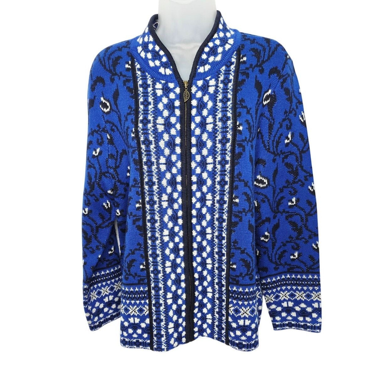 Other Zipper Front Blue & Black Floral Fair Isle Cardigan Sweater Size L / US 10 / IT 46 - 1 Thumbnail