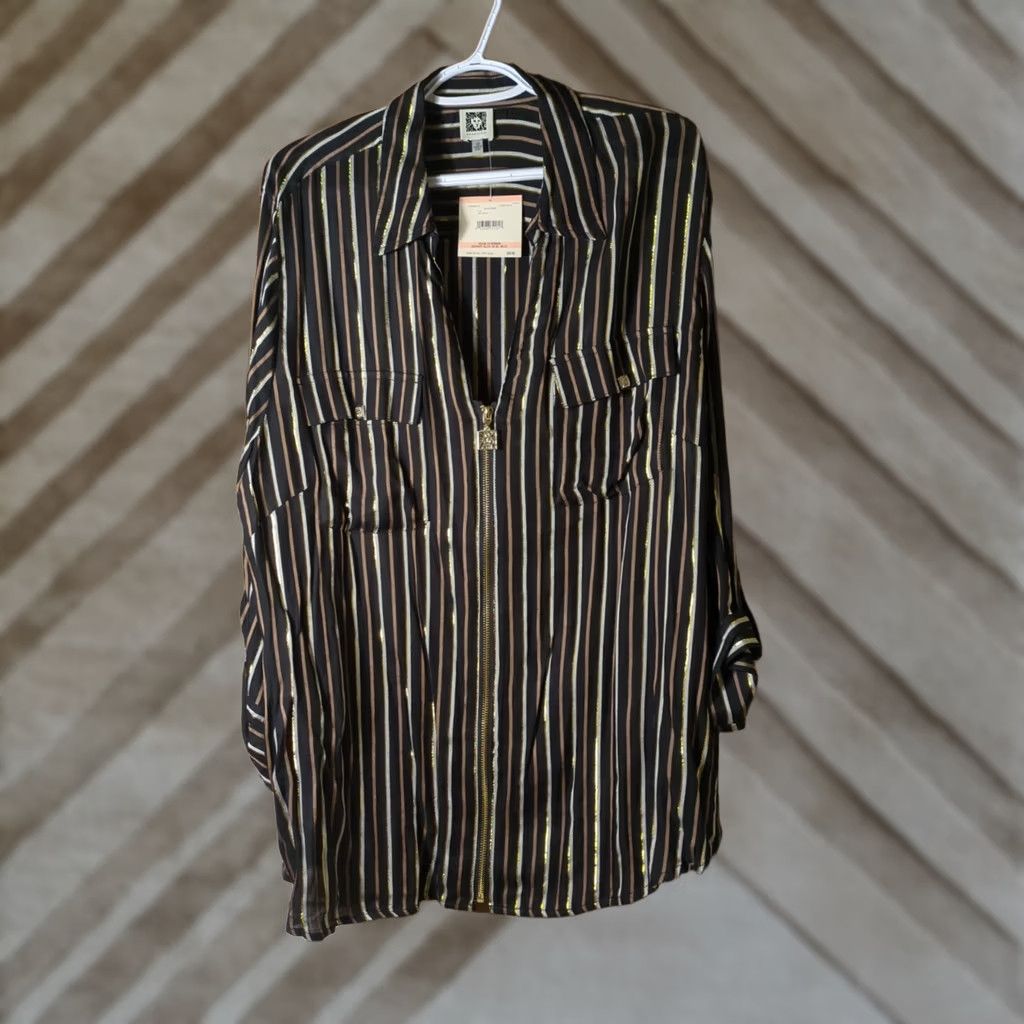 Anne Klein Anne Klein Blouse 3/4 Sleeve Full Zip Striped Multicolor Gold Accents NWT Plus 2XL Women’s Shirt Size XXL / US 16-18 / IT 52-54 - 1 Thumbnail