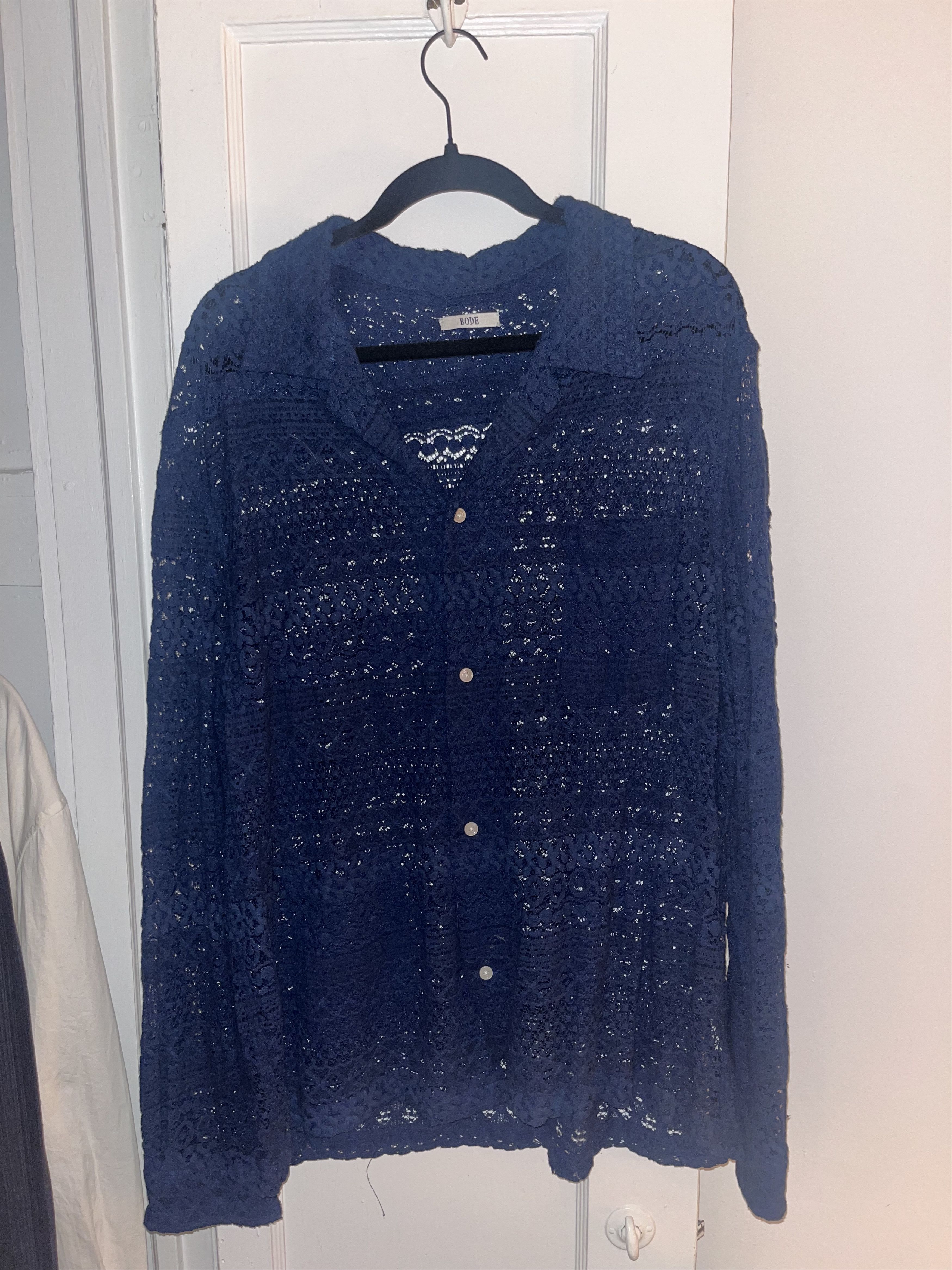 image of Bode Lace Navy Shirt, Men's (Size XL)