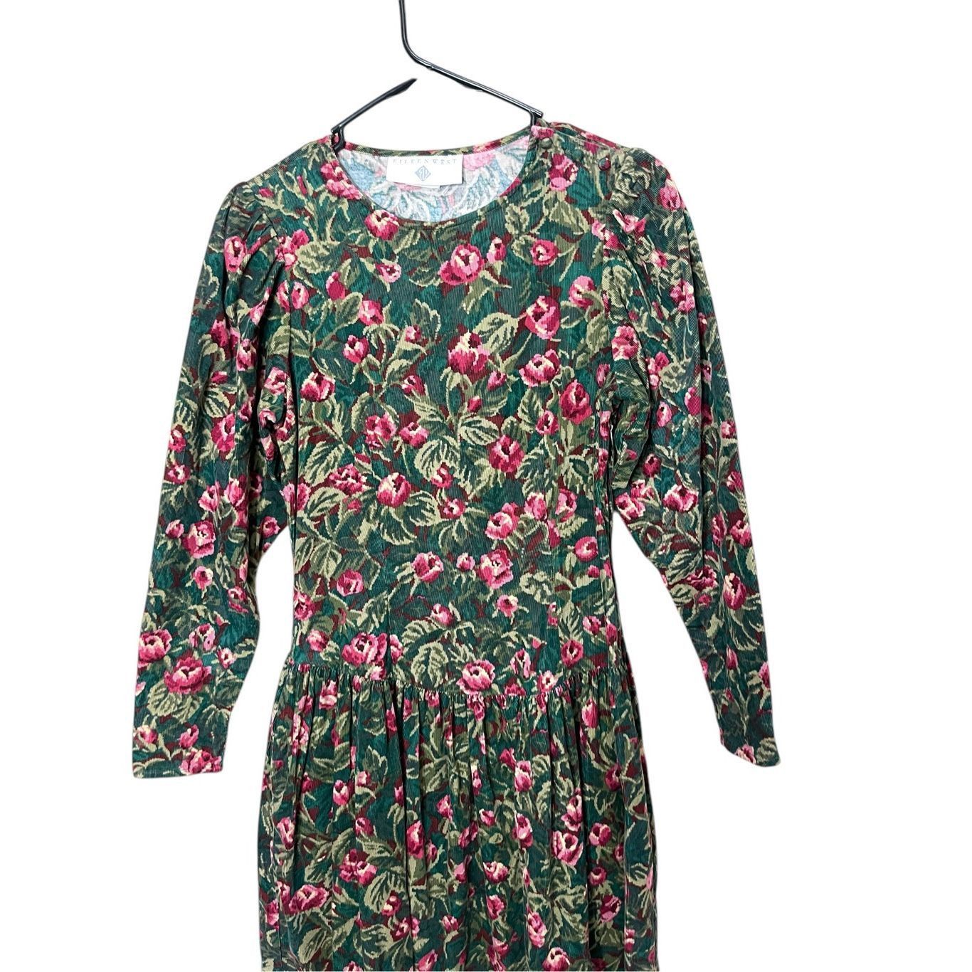 Other Vintage Eileen West Green Pink Floral Corduroy Maxi Dress Si Size M / US 6-8 / IT 42-44 - 2 Thumbnail