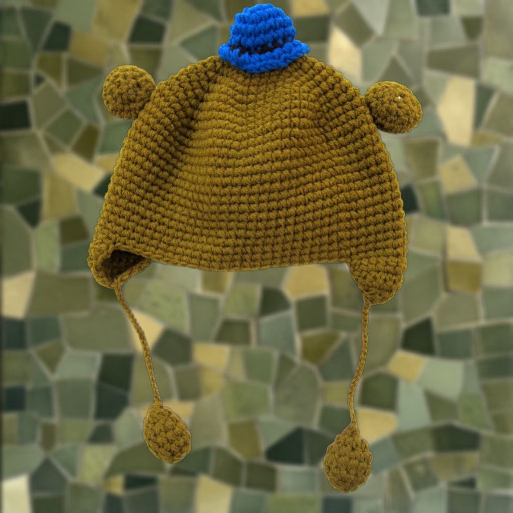 Vintage Handmade Beanie Hat Adult Large Brown Monkey Blue Warm Cozy Cable Knit 100% Cotton Unisex Size ONE SIZE - 1 Thumbnail