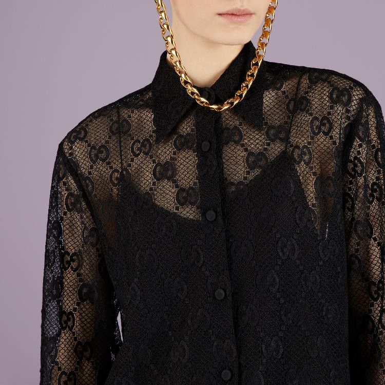Gucci o1la5ras0526 Lace Collar Shirt in Black Size M / US 6-8 / IT 42-44 - 3 Thumbnail