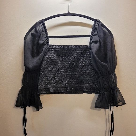 Urban Outfitters Urban Outfitters Smocked Black Crop Top Sheer Sleeve - M Size M / US 6-8 / IT 42-44 - 3 Thumbnail