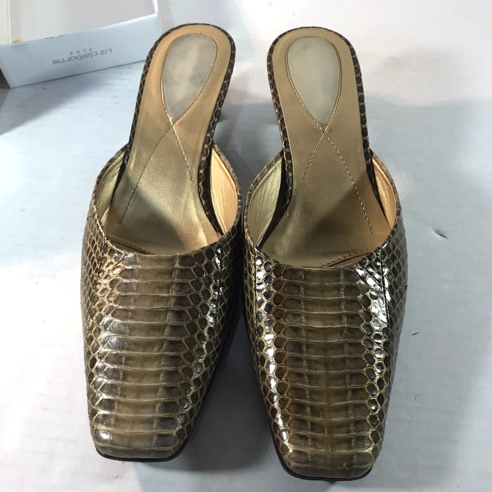 Liz Claiborne Liz Claiborne Flex Inez2 Leather Mules Womens Size 7.5 Casual Business Dress Square Toe Fall Spring Summer Gold Brown Snake Print Size US 7.5 / IT 37.5 - 3 Thumbnail