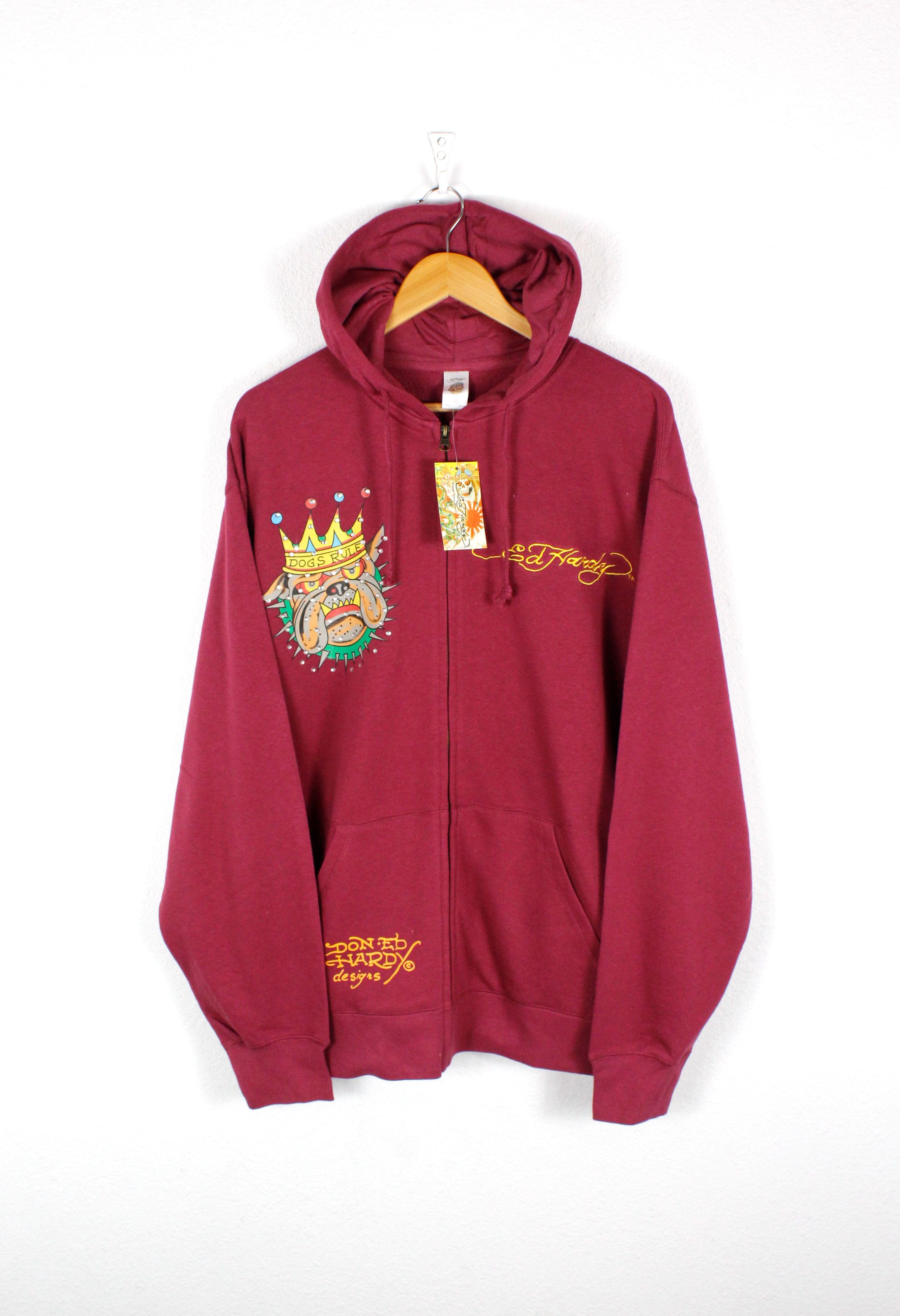 Ed Hardy Vintage Y2K Ed Hardy Fur Embroidered Zip Up Hoodie Red L